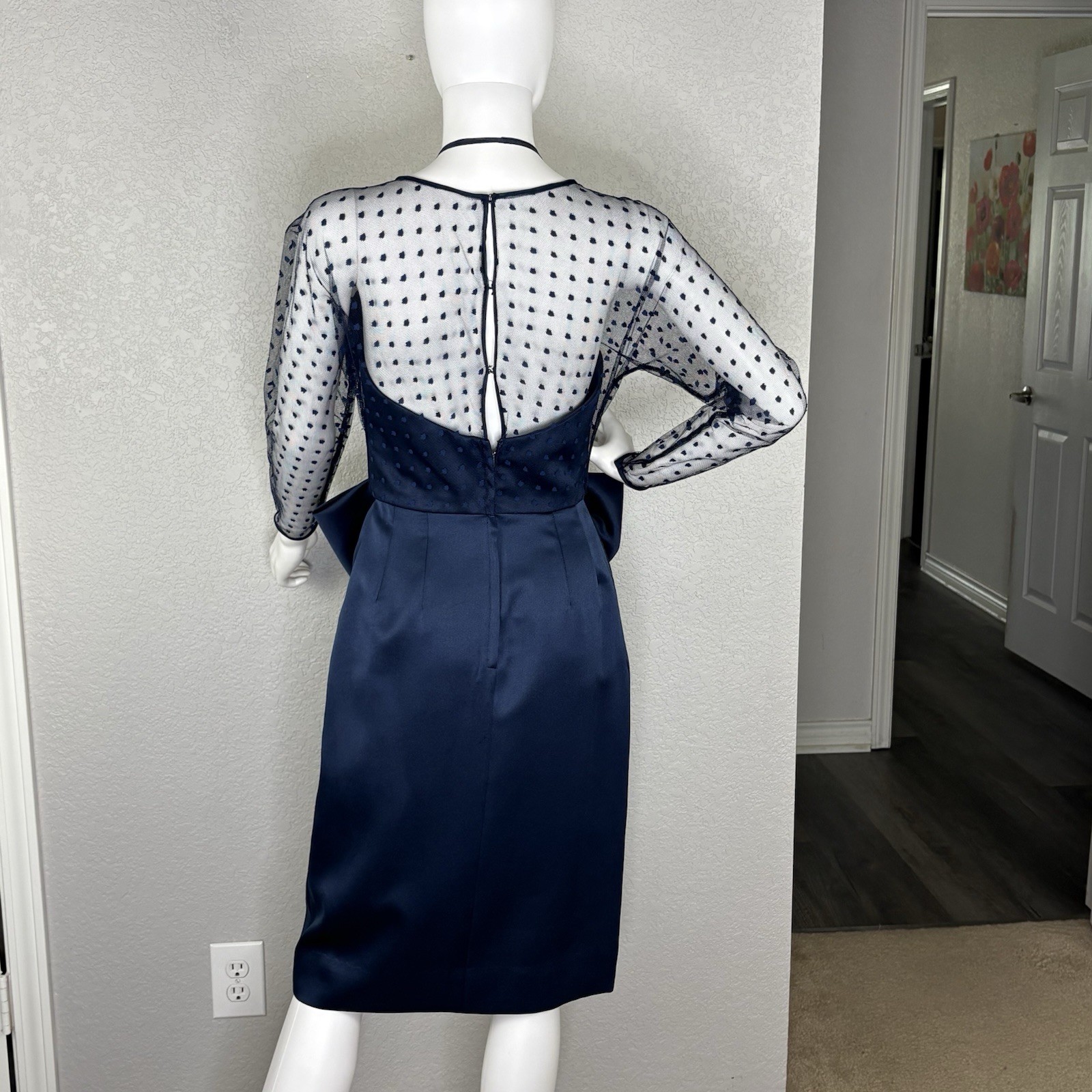VTG VICTOR COSTA 80s Dress Mesh Dolman Overlay BOW Gilda Old Hollywood Sz 6 Navy