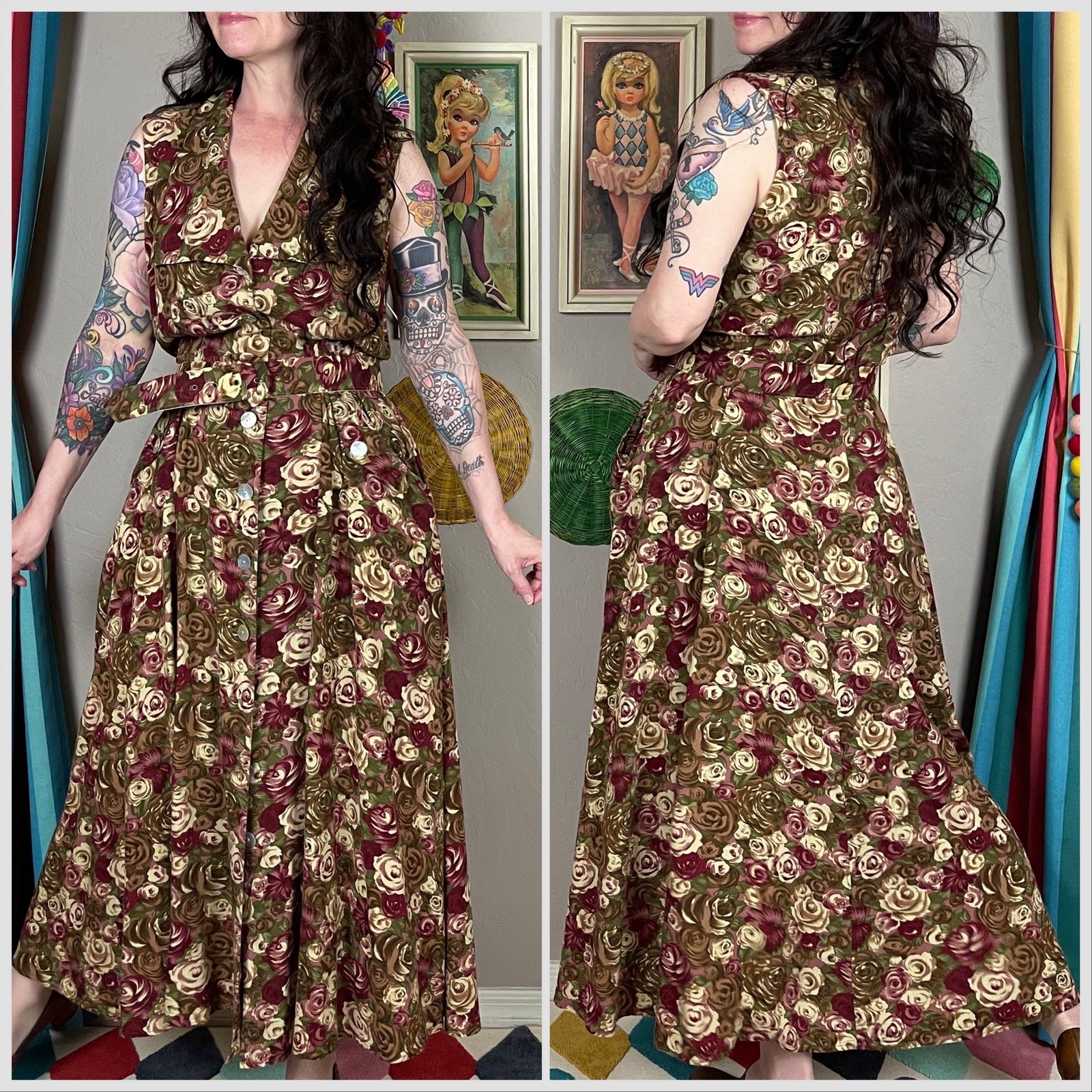 Vintage 1980s Brown Floral Sleeveless Button Front Midi Dress | 30″ Waist