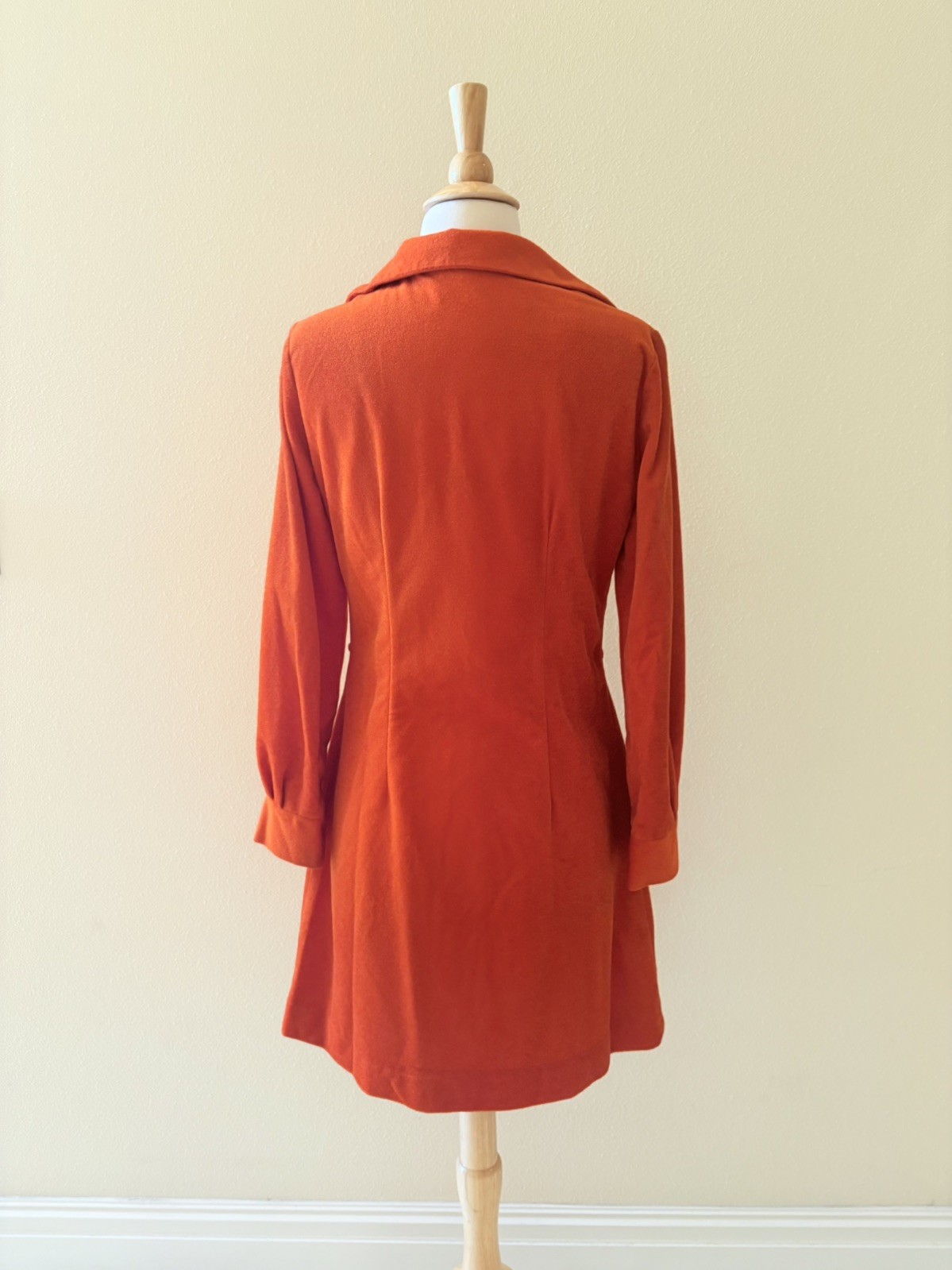 Vintage 1970s Burnt Orange Mod Faux Velour Long Sleeve Dress