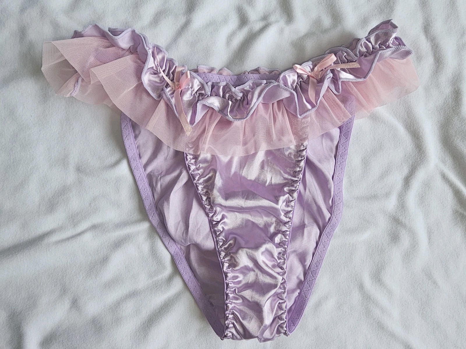Vintage Girly Glossy Satin String Bikini Panties. Size Large