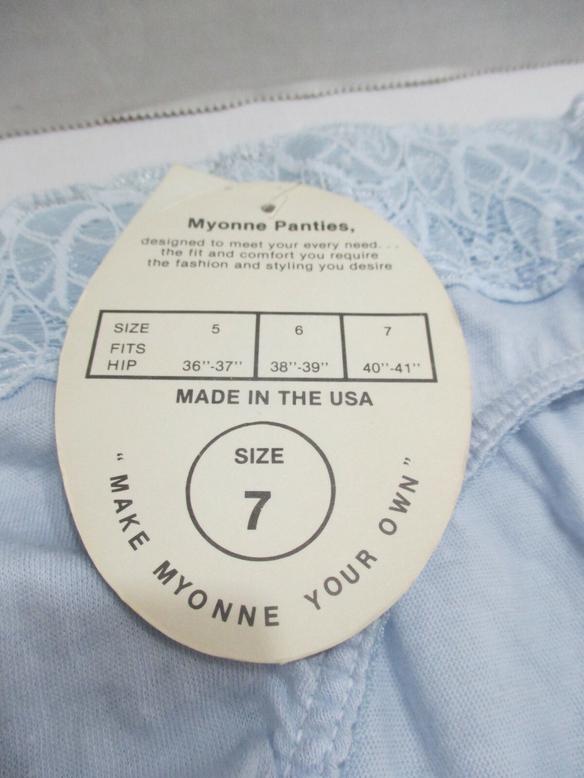 VINTAGE MYONNE HIGH CUT PANTY WITH 2 1/2″ LACE WAIST COTTON PANTIE BLUE SIZE 7