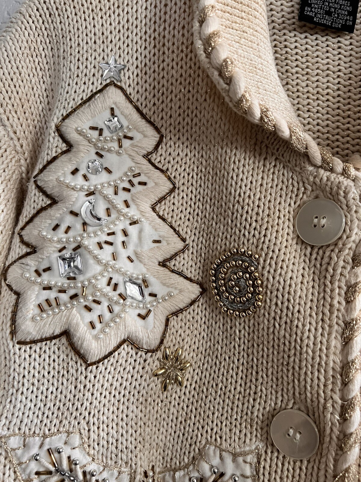 Vintage IB Diffusion Cream Gold Embroidered Bead Sweater Holiday Cardigan – LG