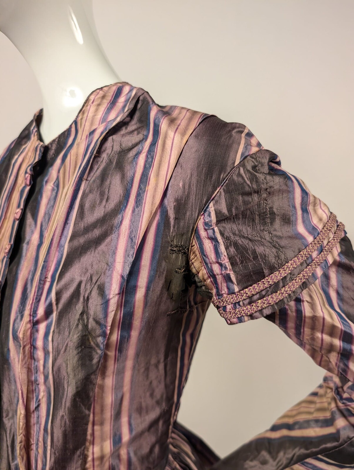 VIBRANT STRIPED HAND SEWN 1840’S SILK TAFFETA DRESS W EPAULETS