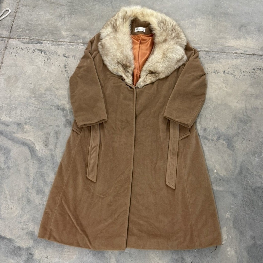 Vintage 60s lorendale by bromleigh union made Tan Longline Coat Faux Fur Collar