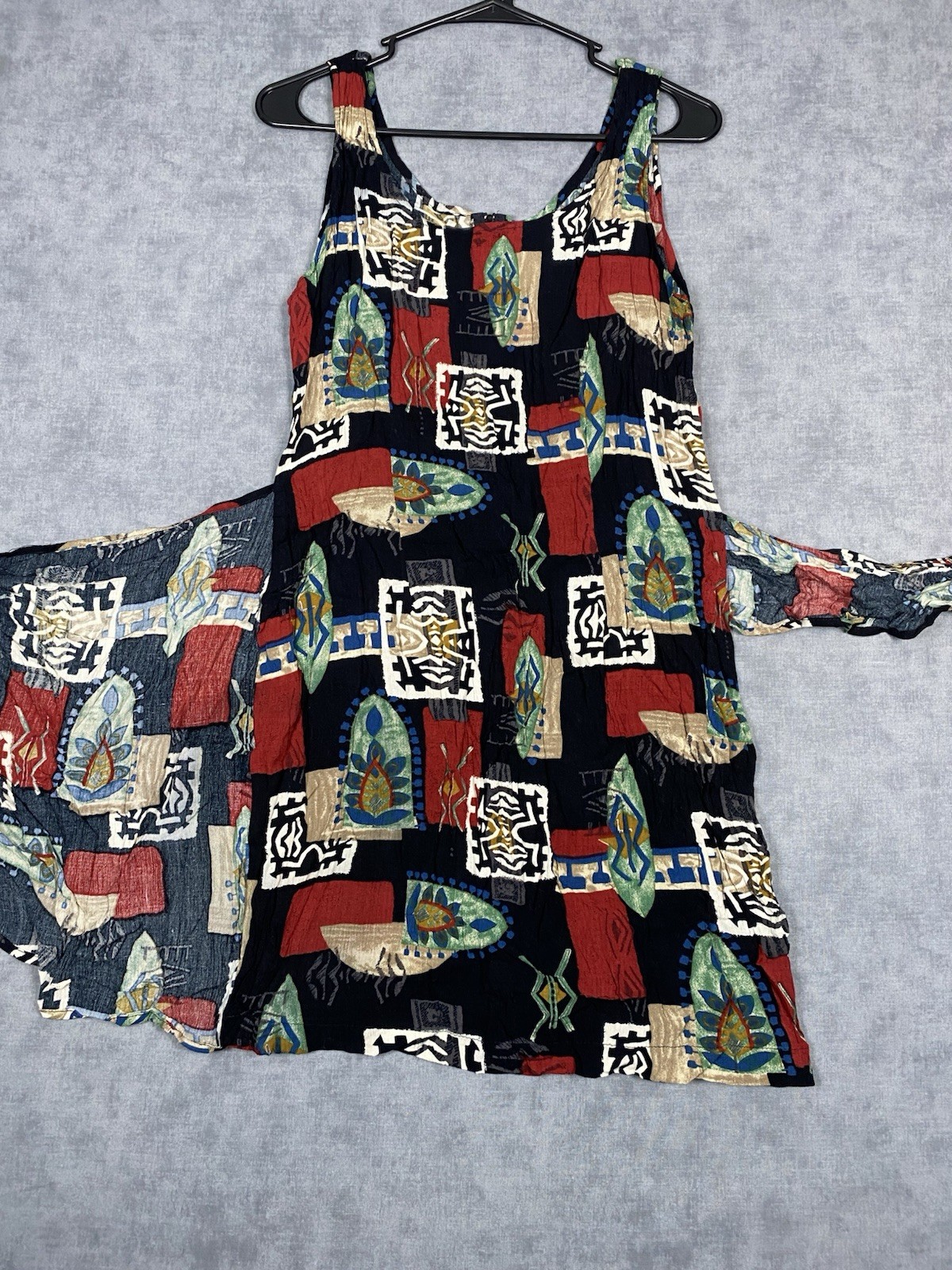 Vintage 90s Abstract Art Print Rayon Sleeveless Dress Made USA L