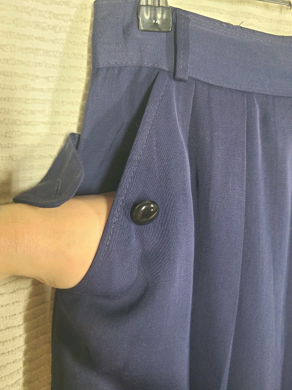 Vintage 50s Skirt Navy Rayon Gabardine Pleated Front Button Pockets 27w Pinup