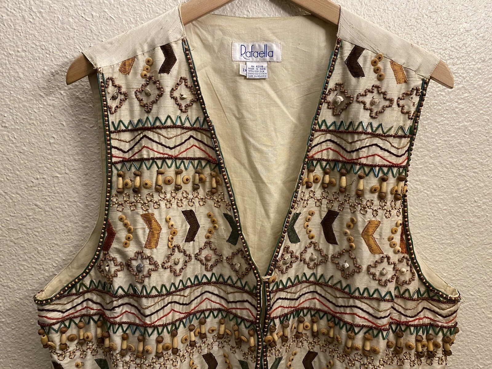 VTG Rafaella HIPPIE Boho VEST Wood Shell Beads Tribal Western 60s 70s Sz 1X RARE