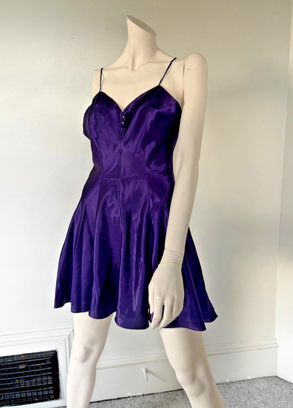 Shiny Romance Du Jour Purple Satin Vintage Slip Dress Flounce Skirt Size M USA