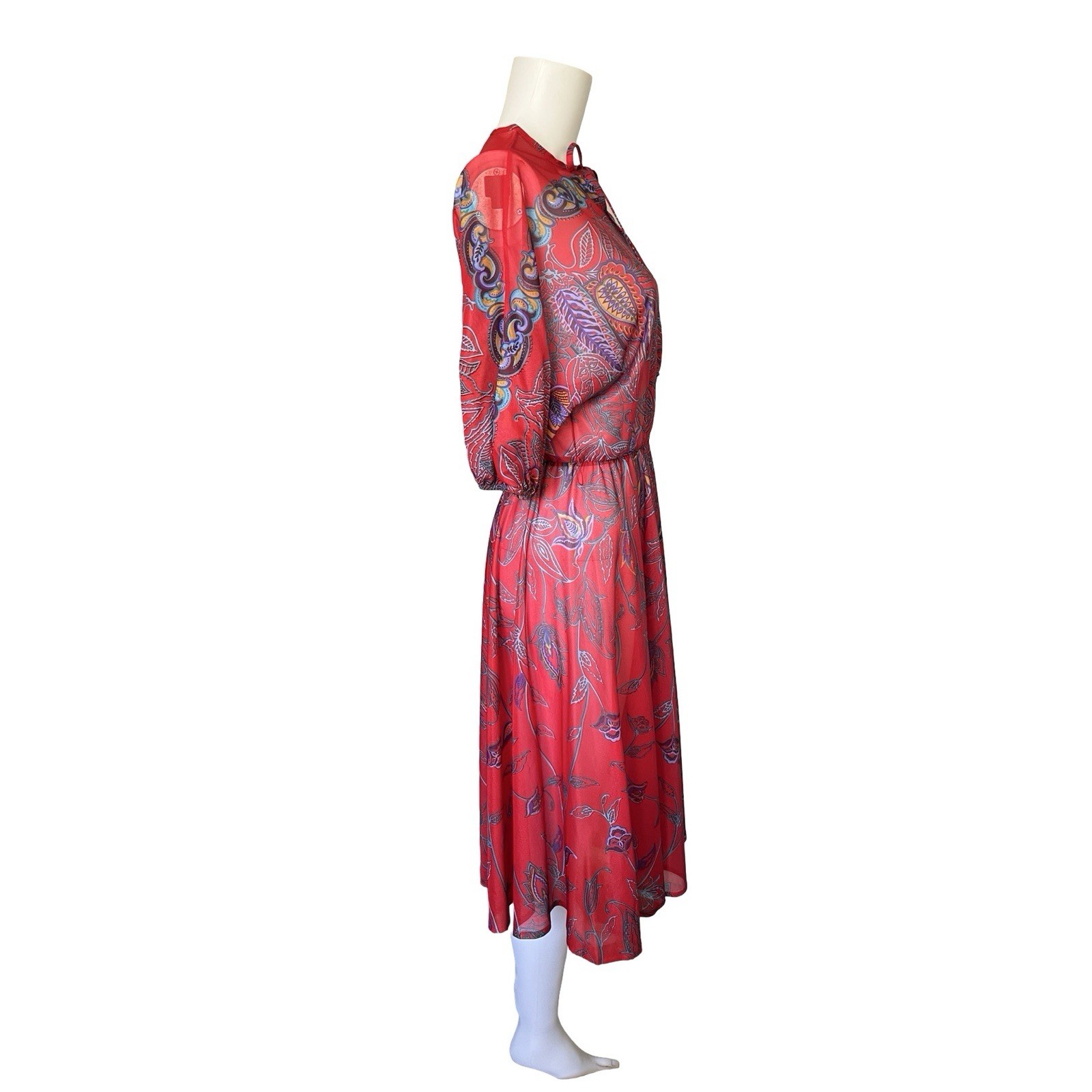 Vintage 80s NPC Fashions Dress Sheer Colorful Red Floral Print