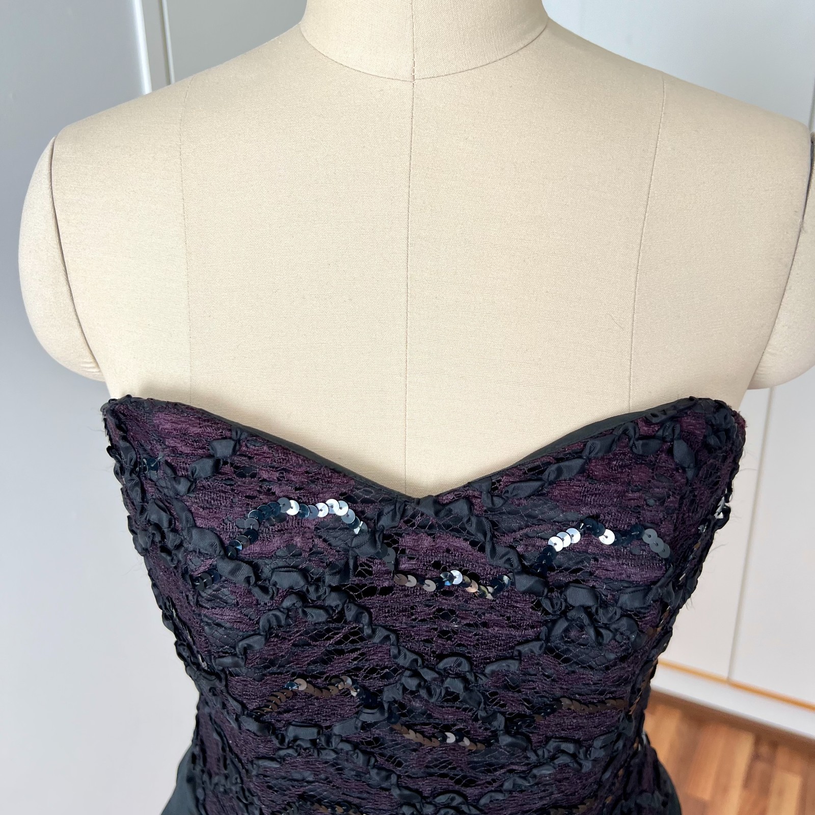 1980s VERA MONT Drop Waist Evening Dress Strapless Sequin Corset Cocktail EU 40