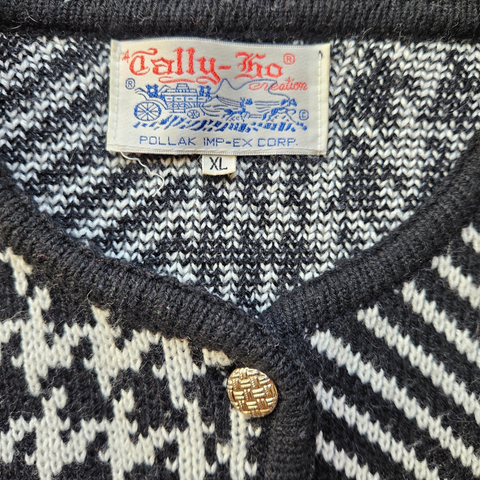 Tally-Ho Vtg Mixed Print Cardigan Sweater XL Black White Houndstooth Patchwork