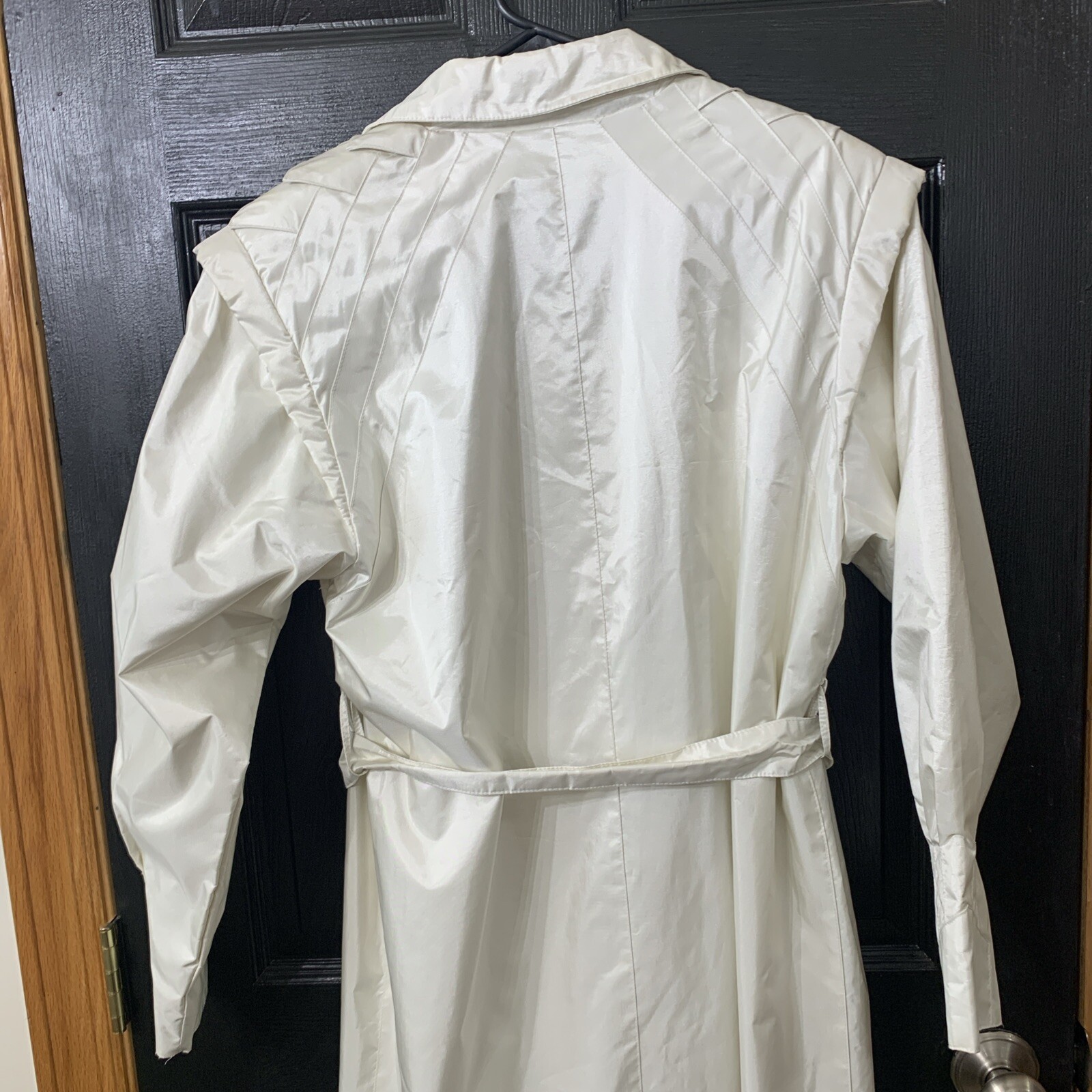 80s 90s Vintage Womens Sz M Belted Trench Rain Coat Shiny Pearl White Unique