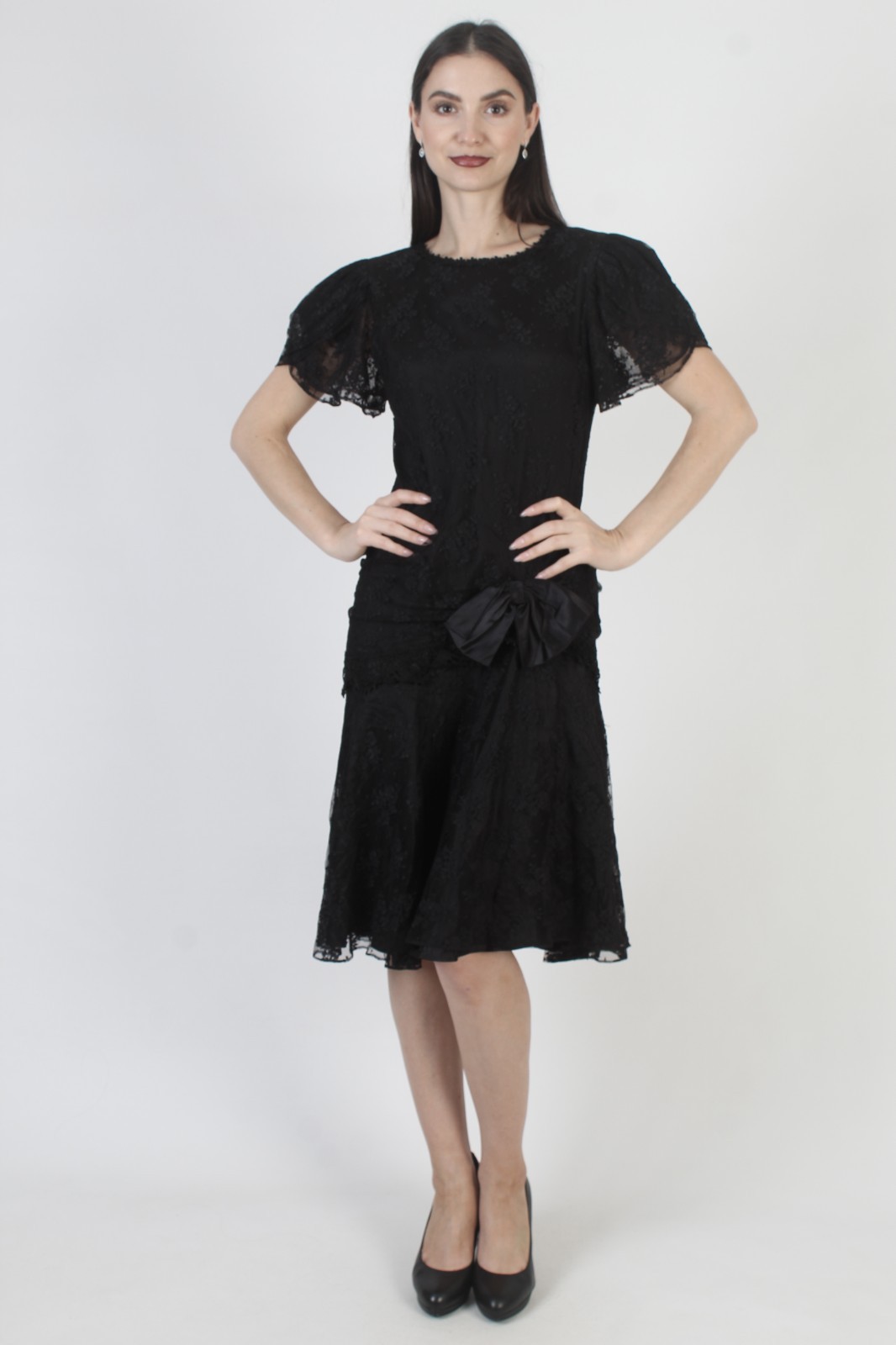 Vtg 80s Barbara Chodos Deco Dress Michael Marcelle Goth Lace Flapper Gown 8