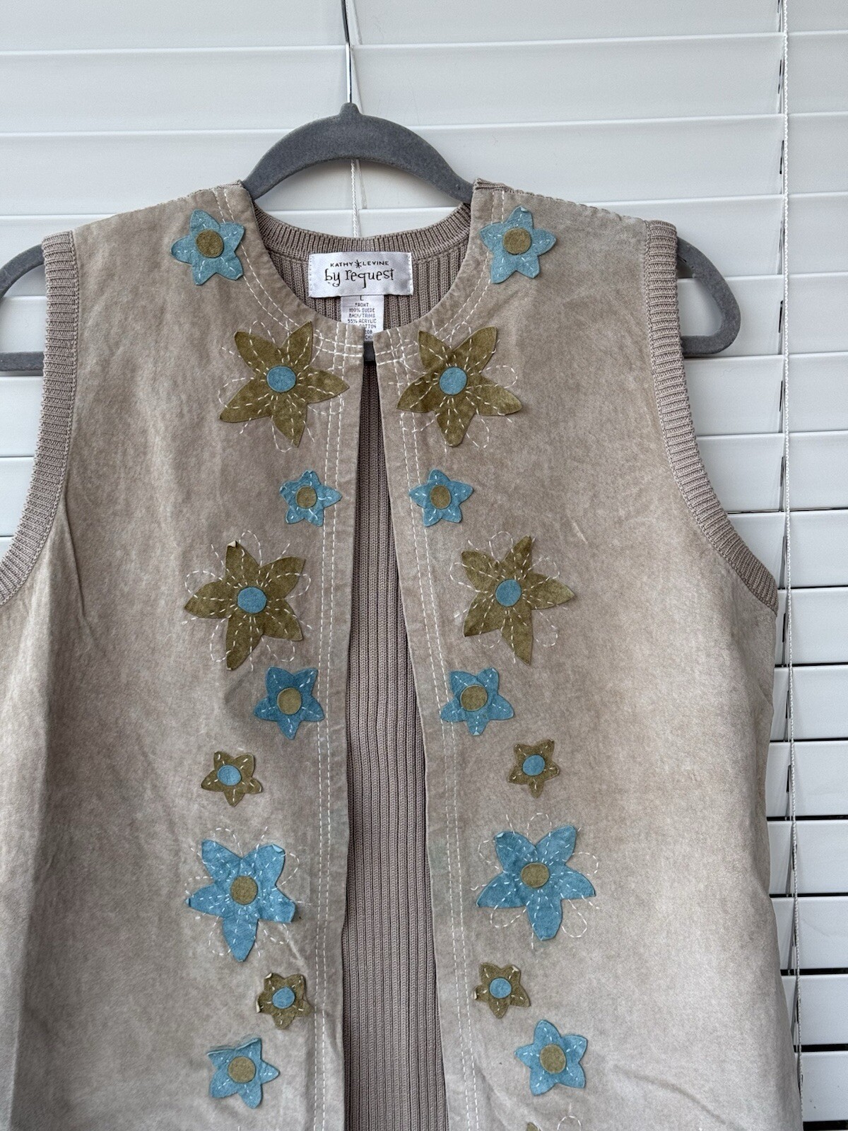 Vintage Suede Vest Request Kathy Levine Floral Embroidered Hippie 90s Festival L