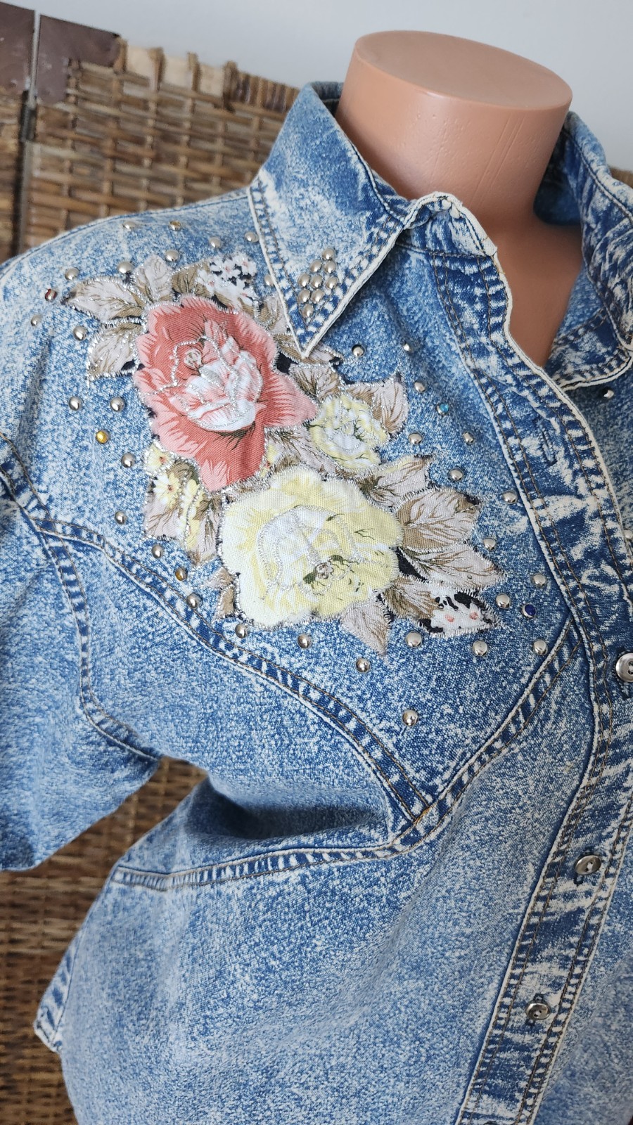 Retro 80’s Stanger Things Style Blue Cotton Denim Button Blouse Top Shirt Sz M