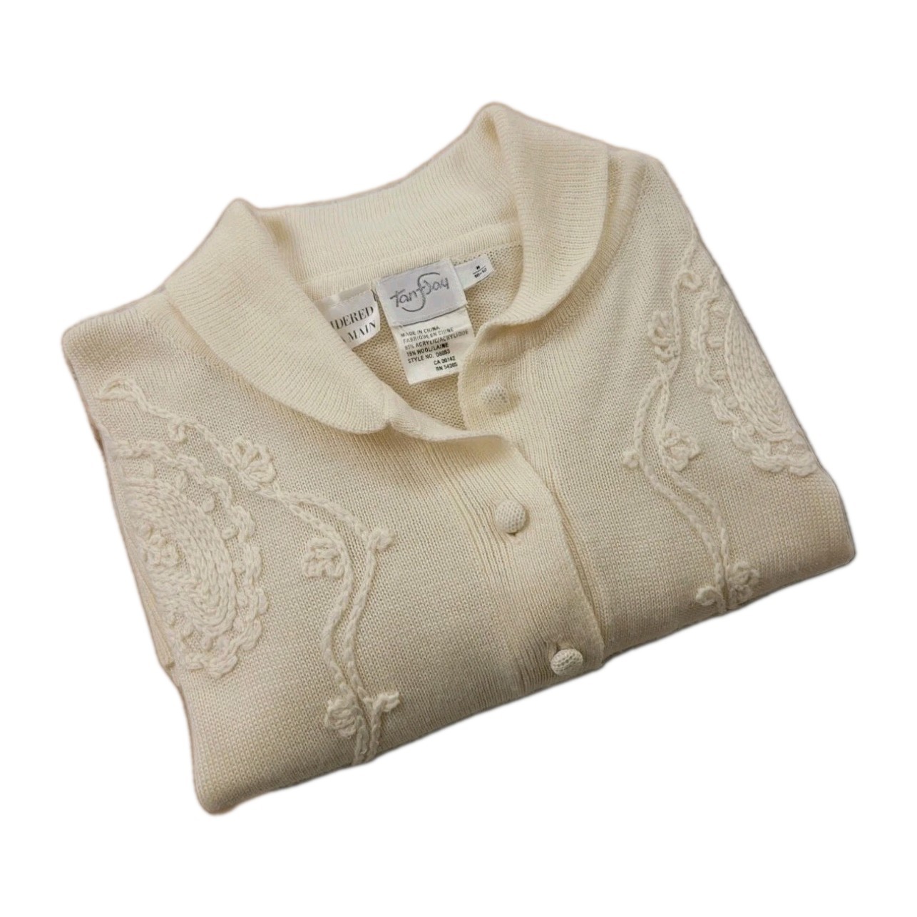 Tanjay Vintage Hand Embroidered Sweater Women’s Medium Cream Wool Blend Cardigan