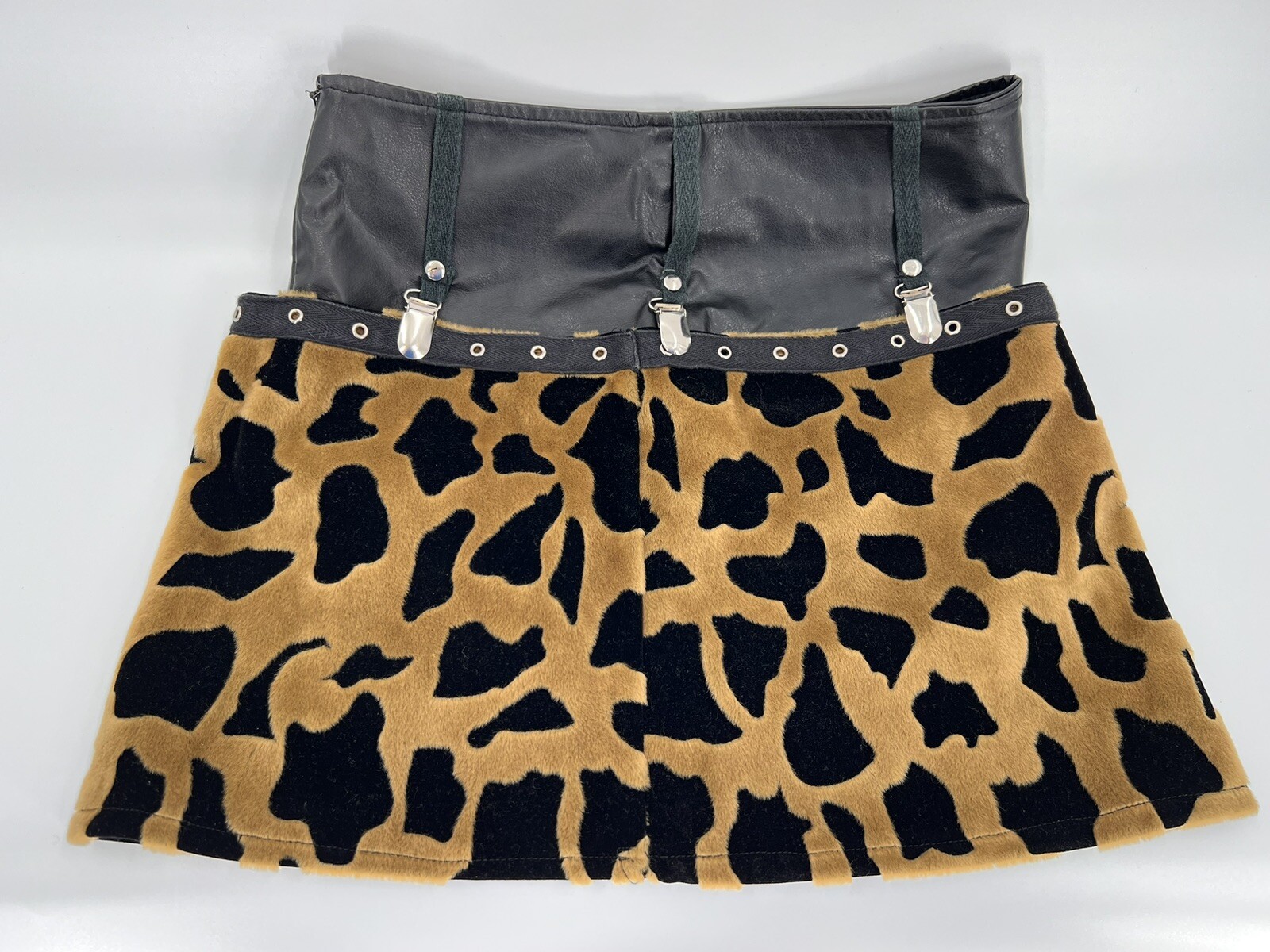 Vintage Mixed Media Mini Skirt Made Hong Kong Vegan Leather Animal print 27″x14″