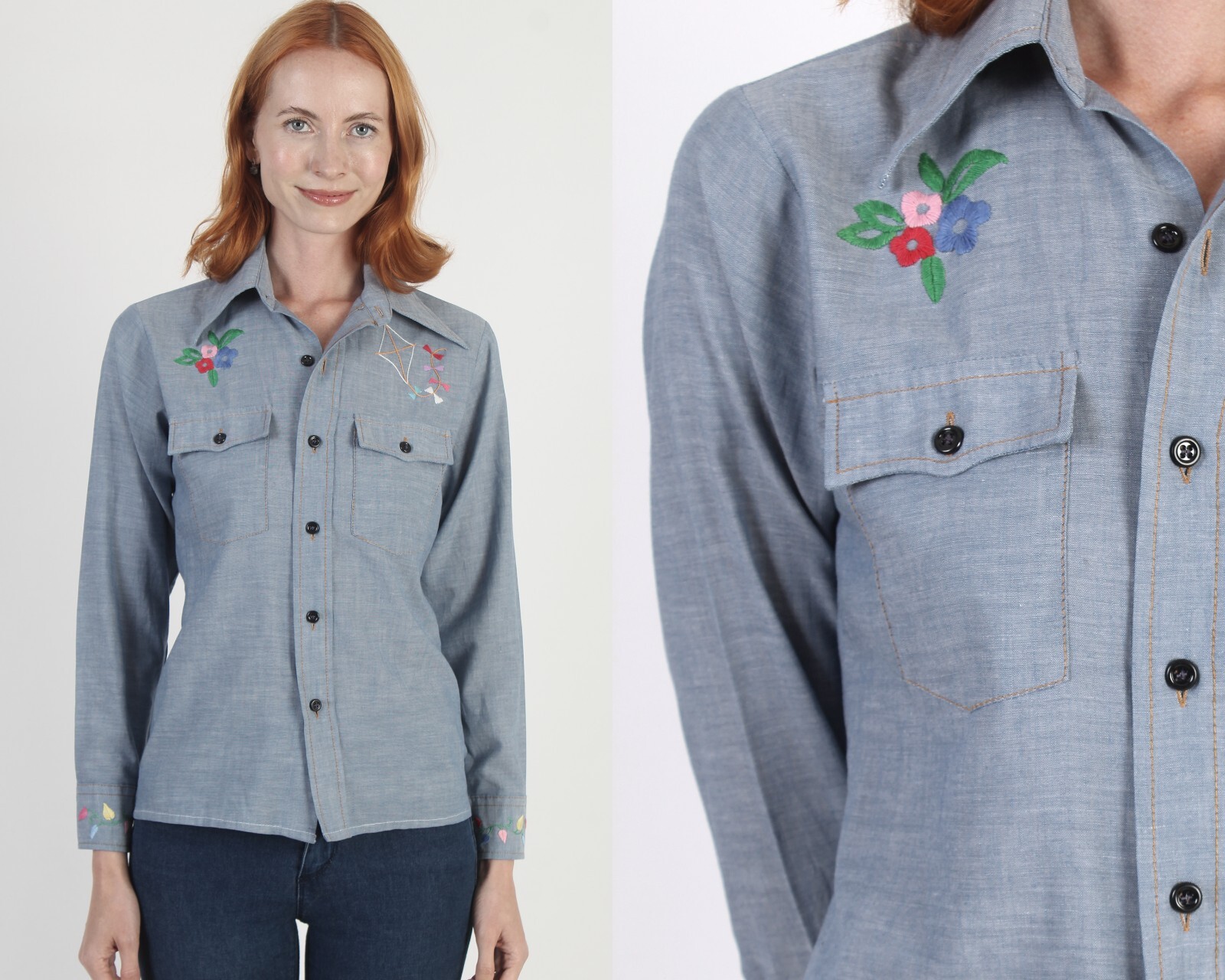 Vtg 70s Wrangler Chambray Shirt Hand Embroidered Hippie Button Up Work Blouse S