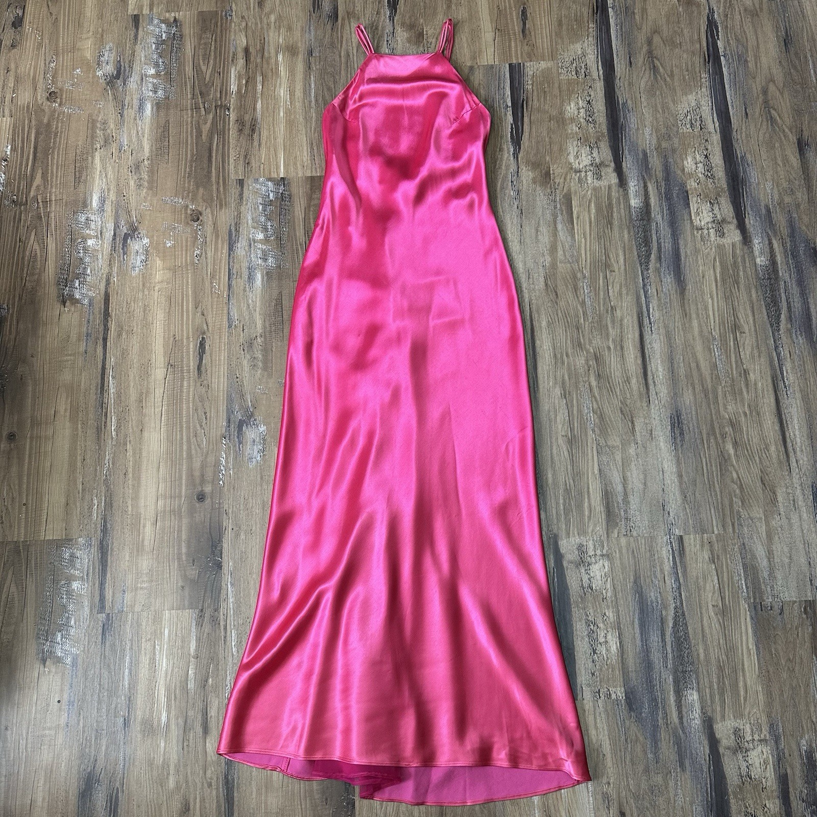 VTG 90s Hot Pink Satin High Neck Low Back Formal Slip Prom Dress