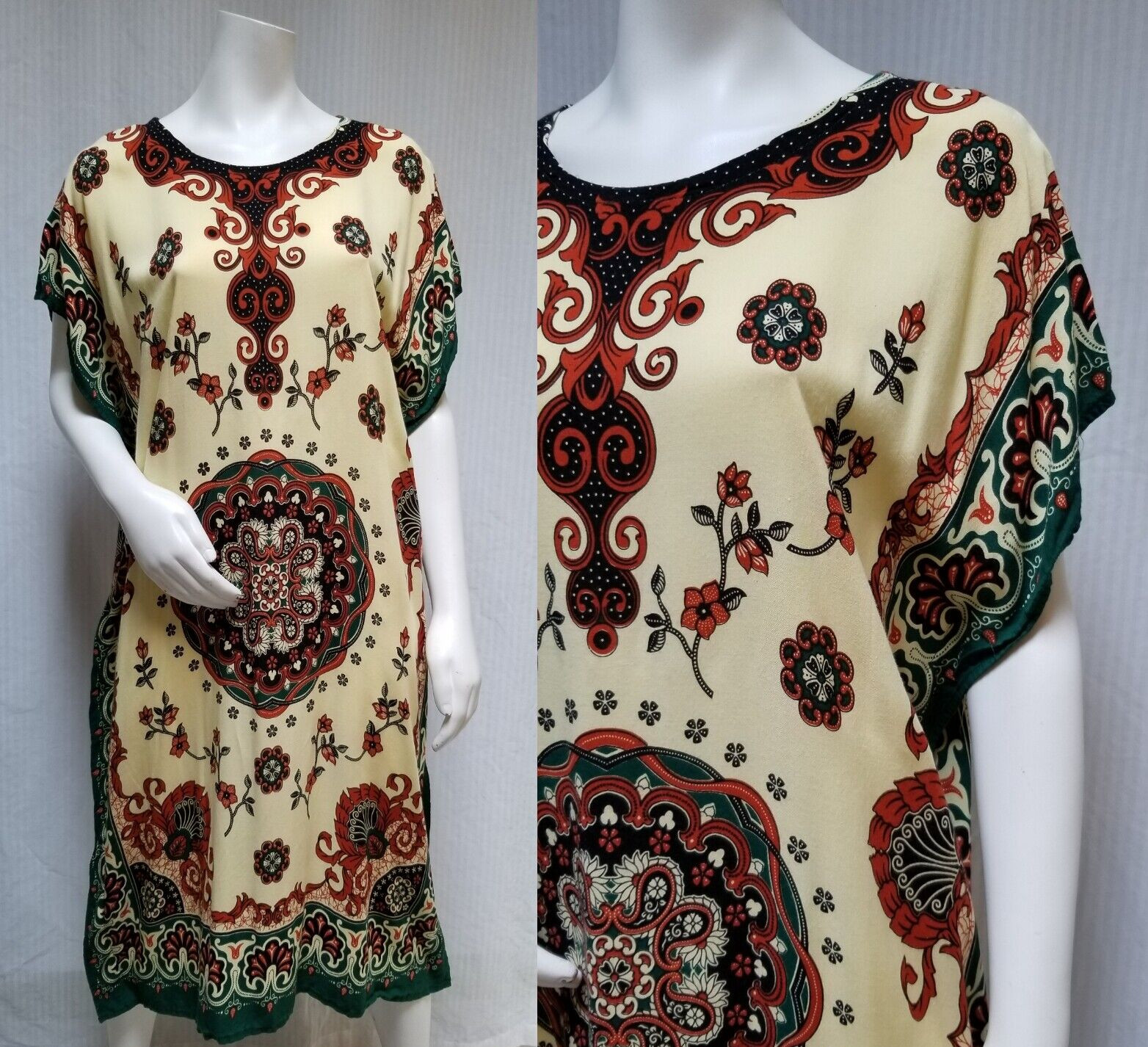 Vintage Batik Sumi Green Yellow Kaftan Caftan Boho Maxi Dress – One Size – EUC