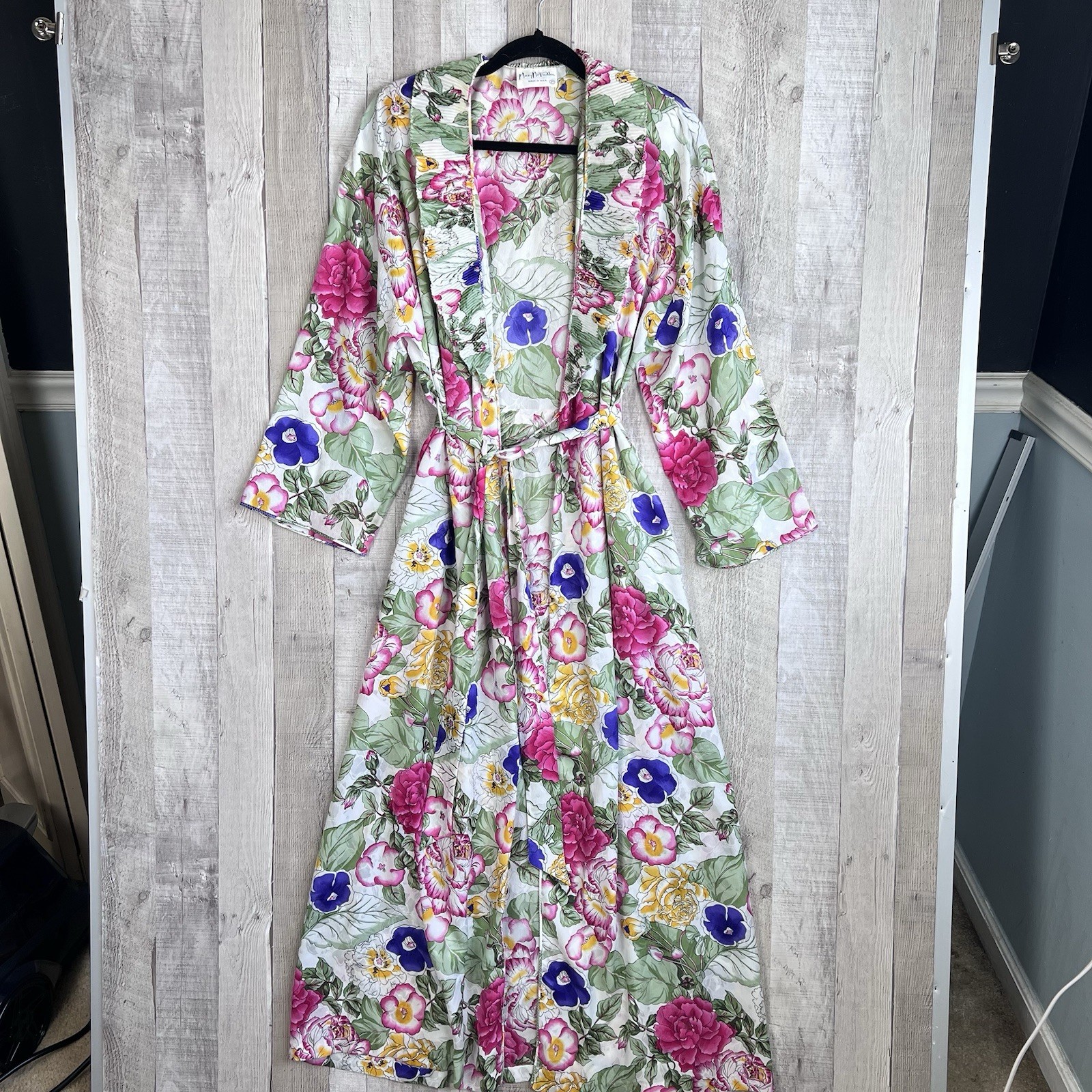 Mary McFadden Satin Floral Robe Vintage House Coat Sash Belt Size P/S Ruffle