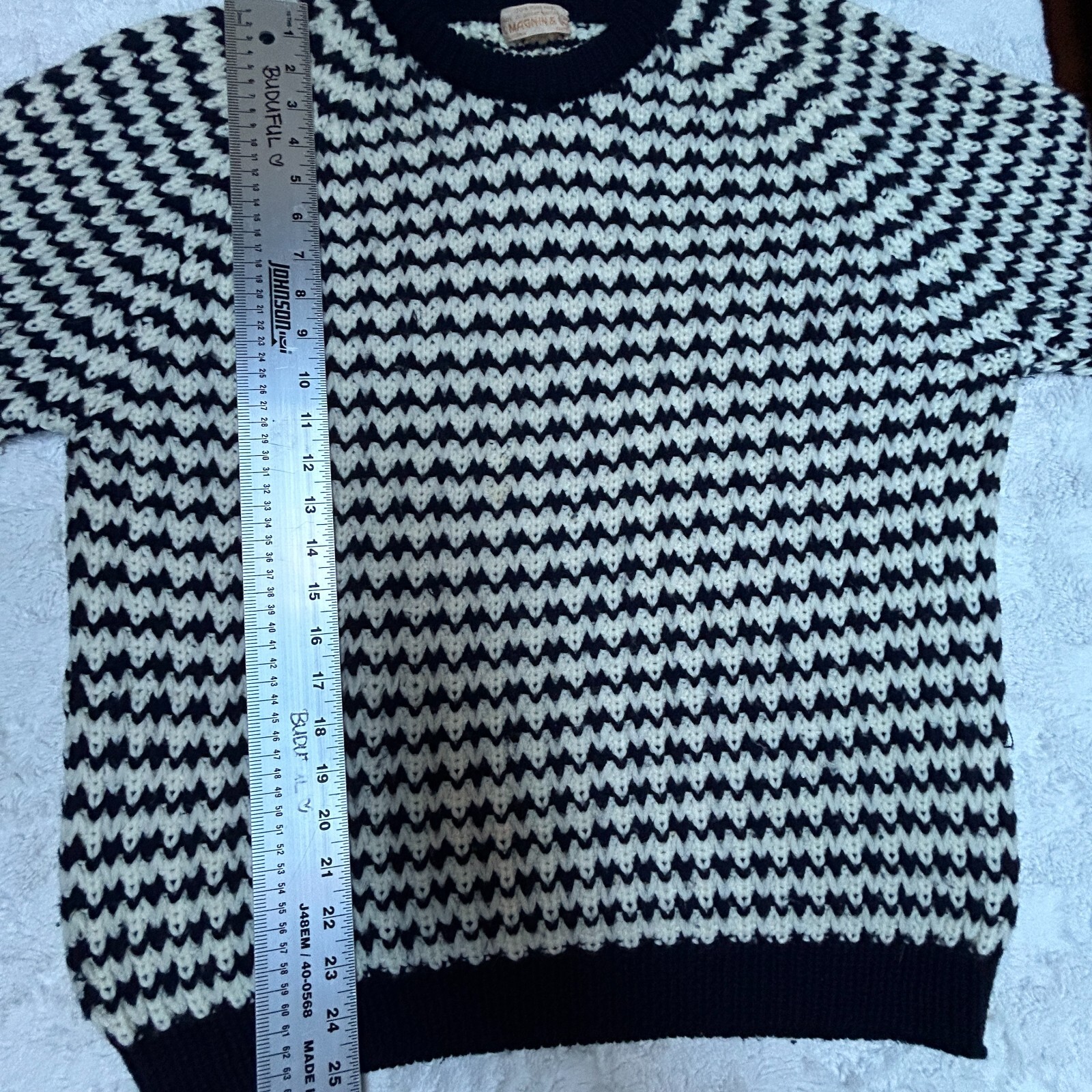 Vintage I. Magnin Women Crew Neck Stripe Knitted Pullover Sweater 100% Pure Wool
