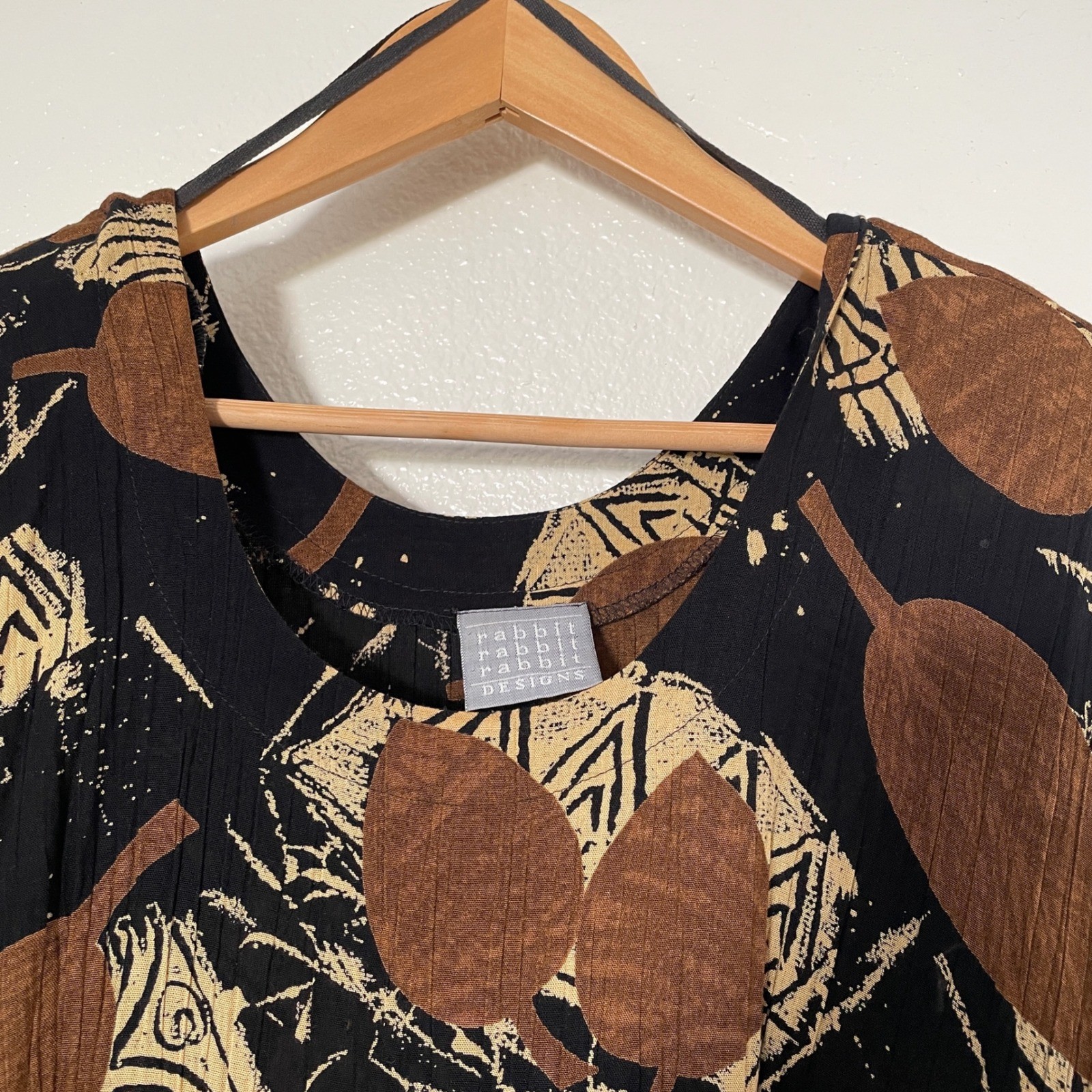 Rabbit Rabbit Designs Vintage Maxi Dress Brown Black Leaf Print Rayon Size 6 USA