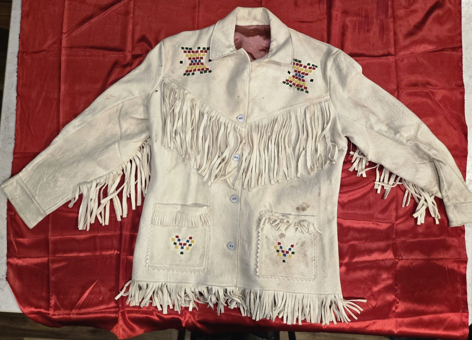 Handcrafted Vintage Native American White Elk Leather Fringed Jacket Womens S/M