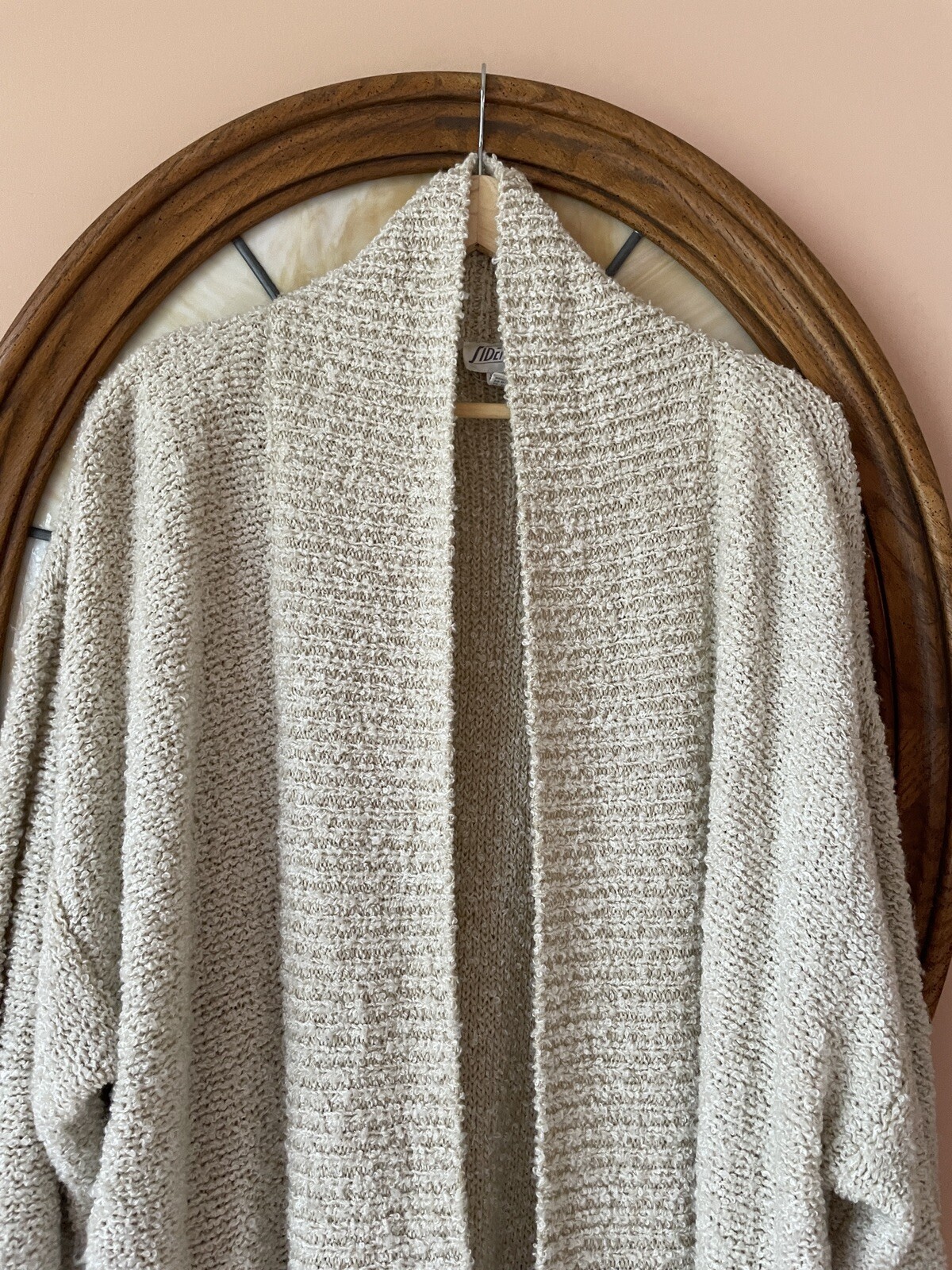 90s Vintage Acrylic Knit Light Beige Pockets Open Front Sweater Jacket L/XL