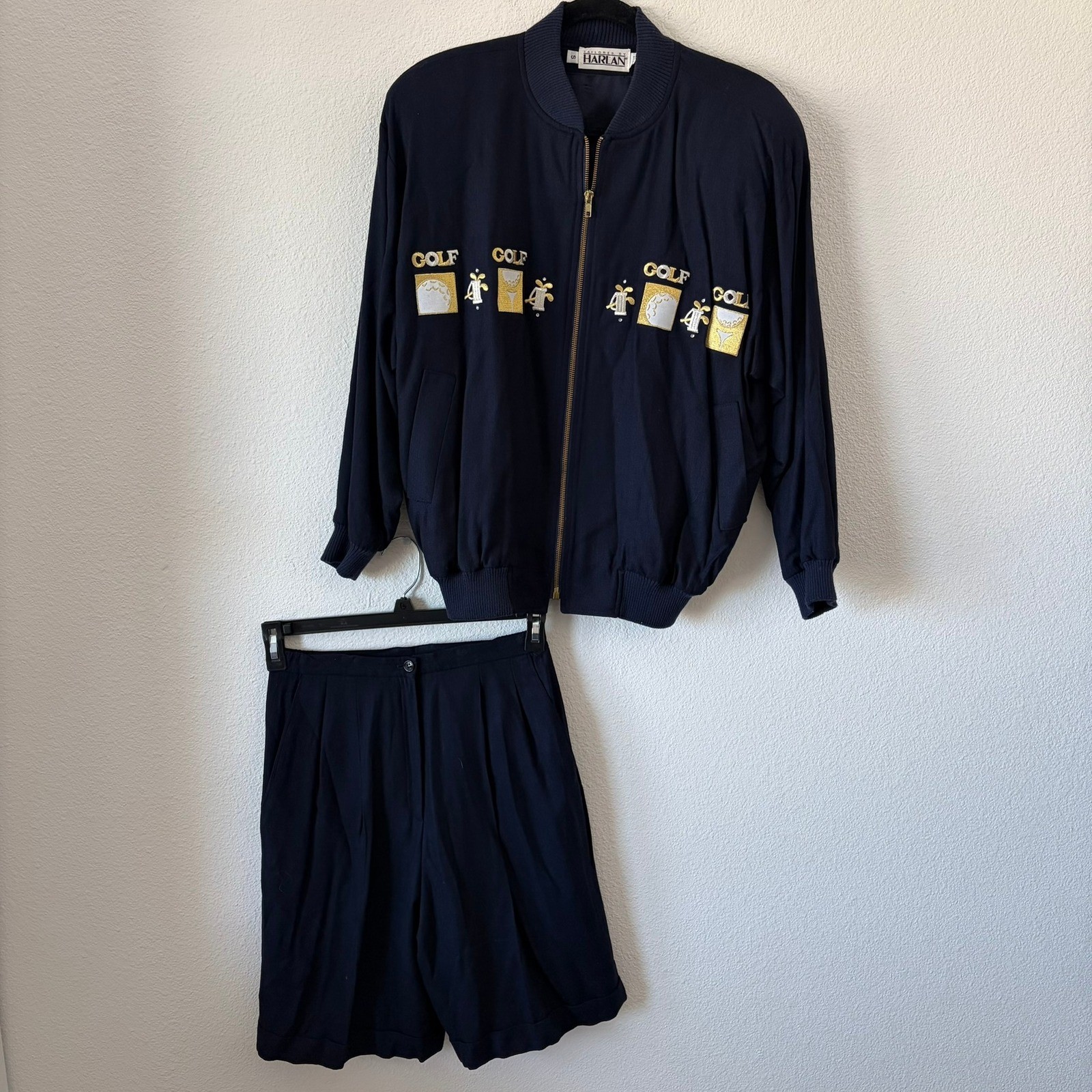 Embroidered Vintage Golf Jacket & Shorts Set Women Small Navy Blue Country Club