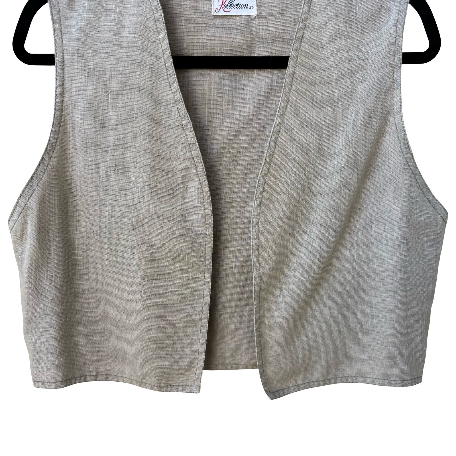 The Kollection Ltd Vintage 70s Beige Linen Open Front Cropped Vest Womens Tan