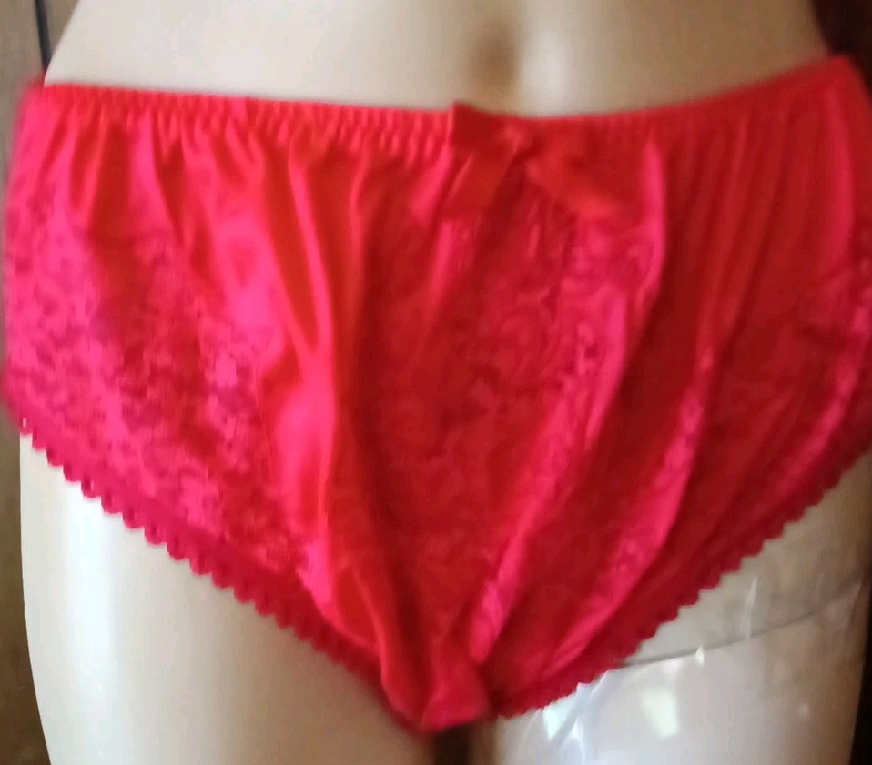 Custom OOAK Unisex 60s Styl Bikini Panty S9 Red Silky Nylon Embroidered Front