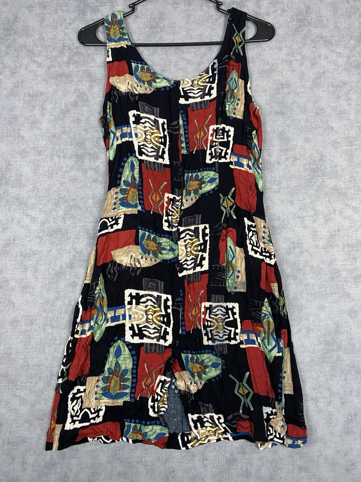 Vintage 90s Abstract Art Print Rayon Sleeveless Dress Made USA L
