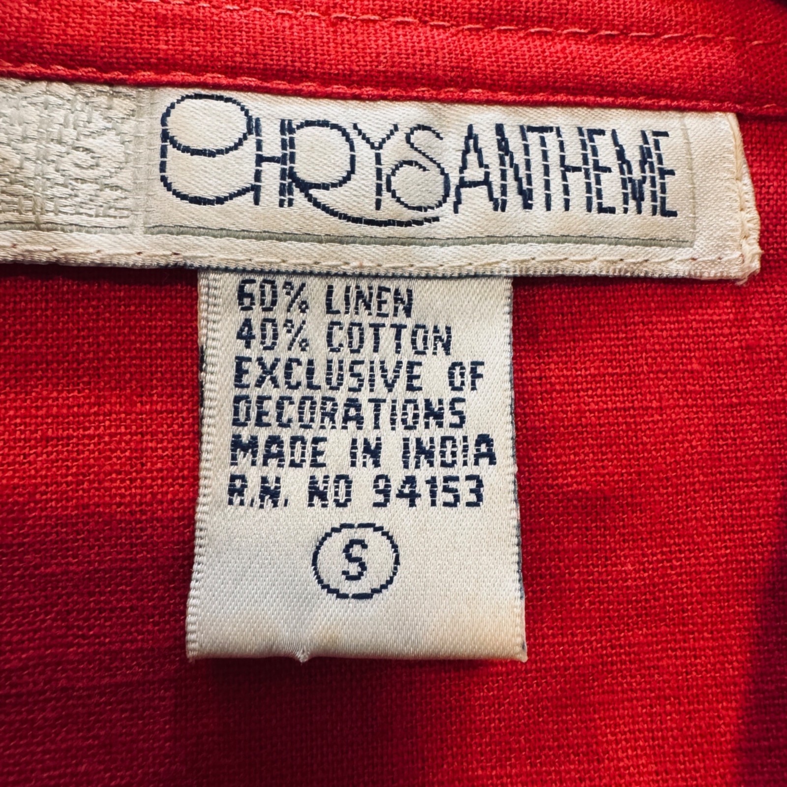 Vintage 90s Linen Blend Top S Color Block Black Red Applique Grannycore Artsy