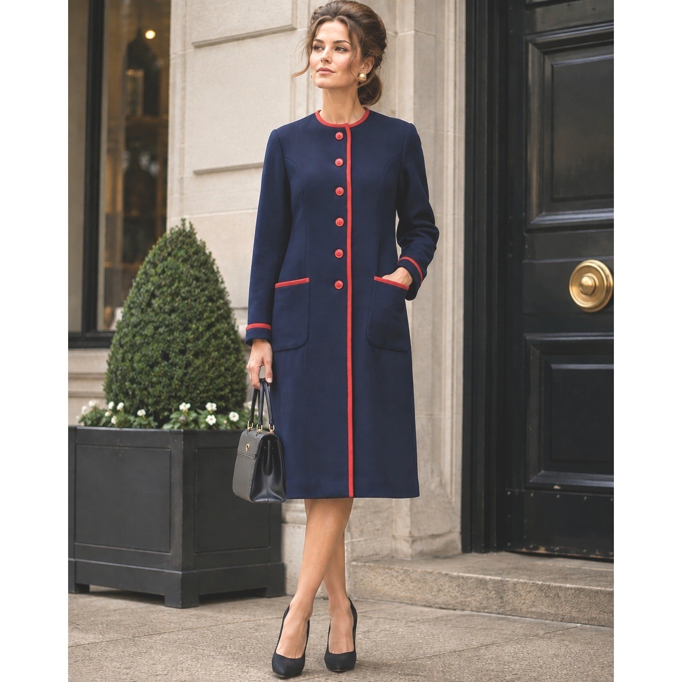 Vintage 60s L’Empereur Paris Bonwit Teller Wool Coat France Navy Red Sz 14