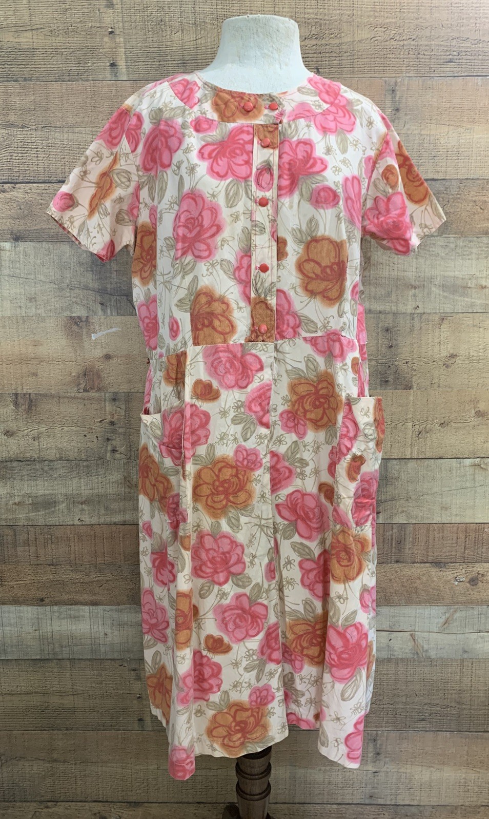Vintage 1950’s Cotton Button Front Floral Dress Bust 44”/38”Waist