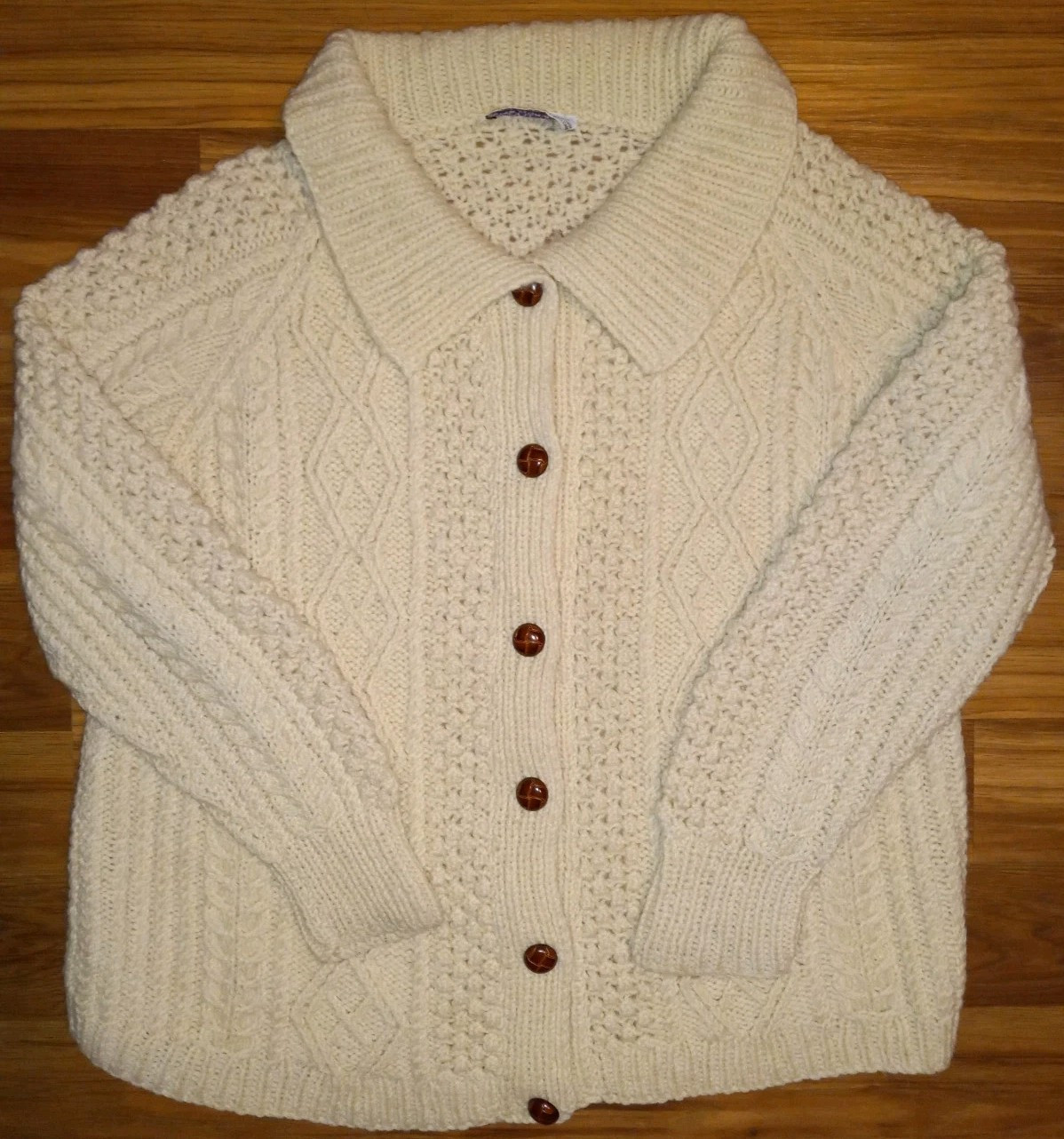 Vintage Pitlochry Scotland Wool Cable Knit Cardigan Shawl Collar EUC L/ XL