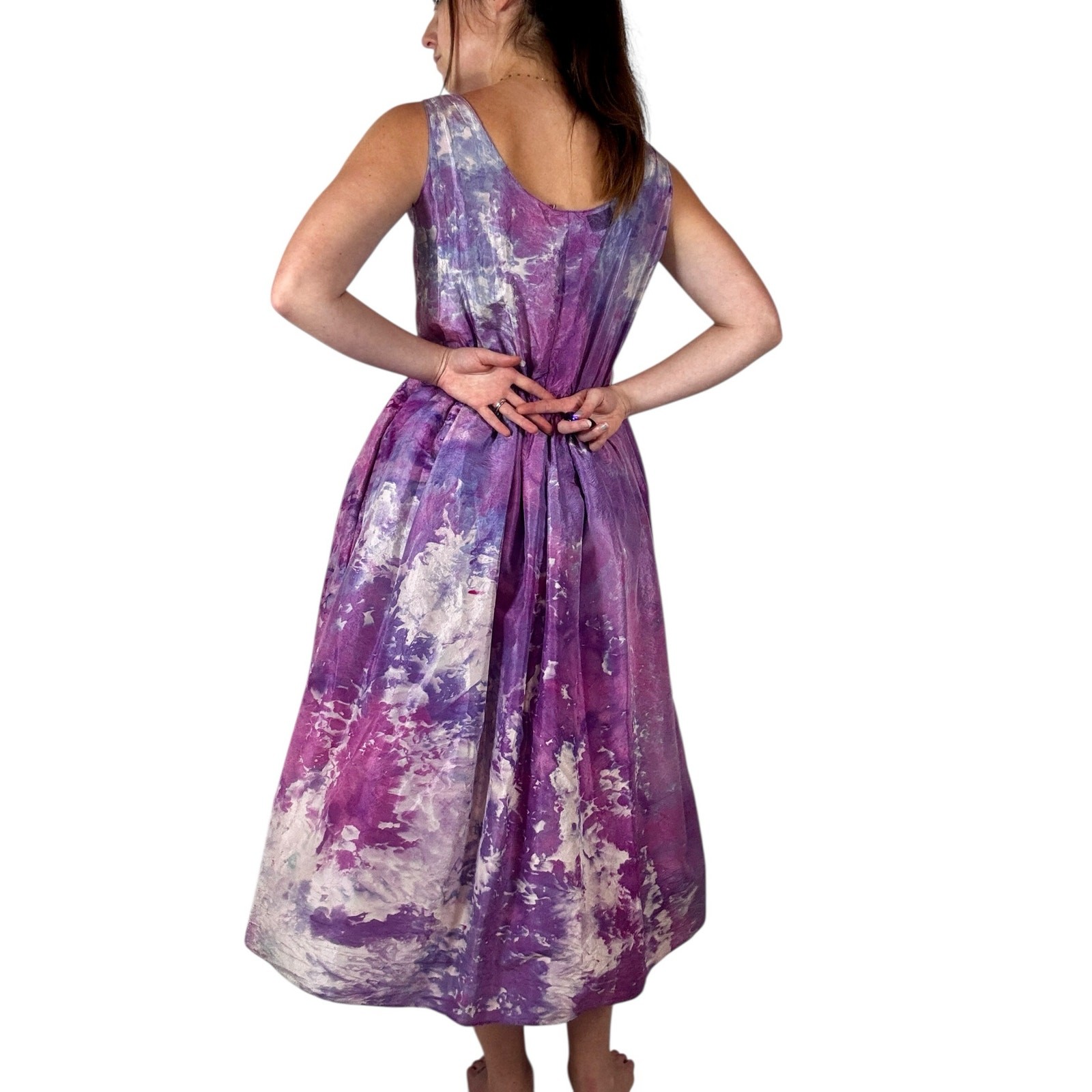 Vintage 1950s Hand Dyed Pink Purple Ice Dye Silk Fit & Flare Dress Crinoline