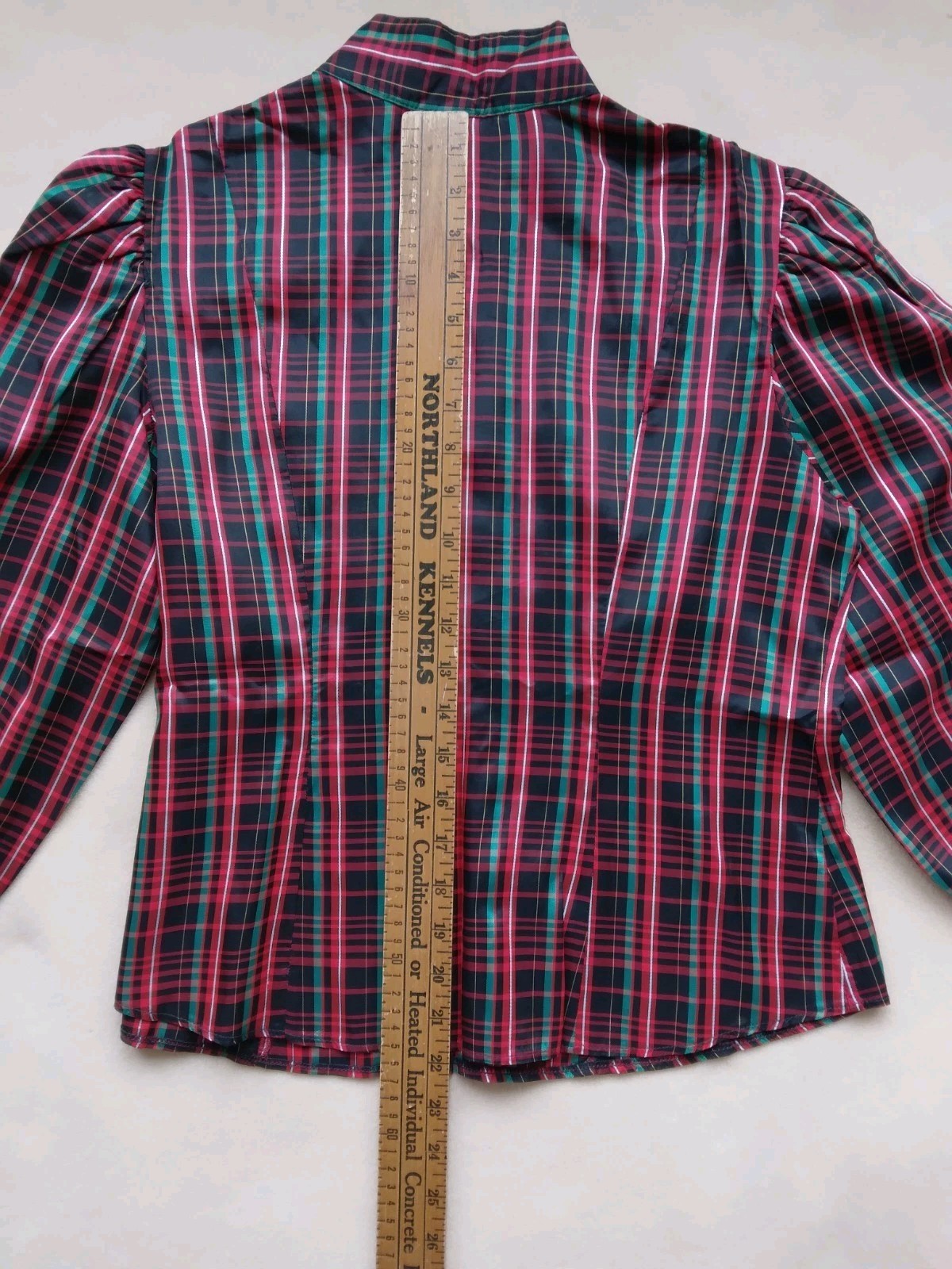 Vintage 1980s Plaid Blouse w/ Balloon Sleeves Black Red & Green Sz 12 Button Up