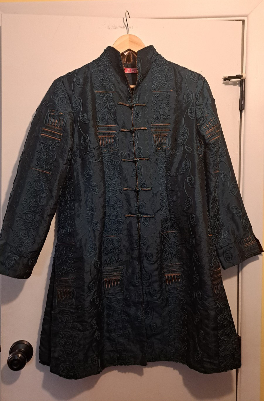 Thai Silk Embroidered Robe Jacket Green Coat US Medium Asian XXL