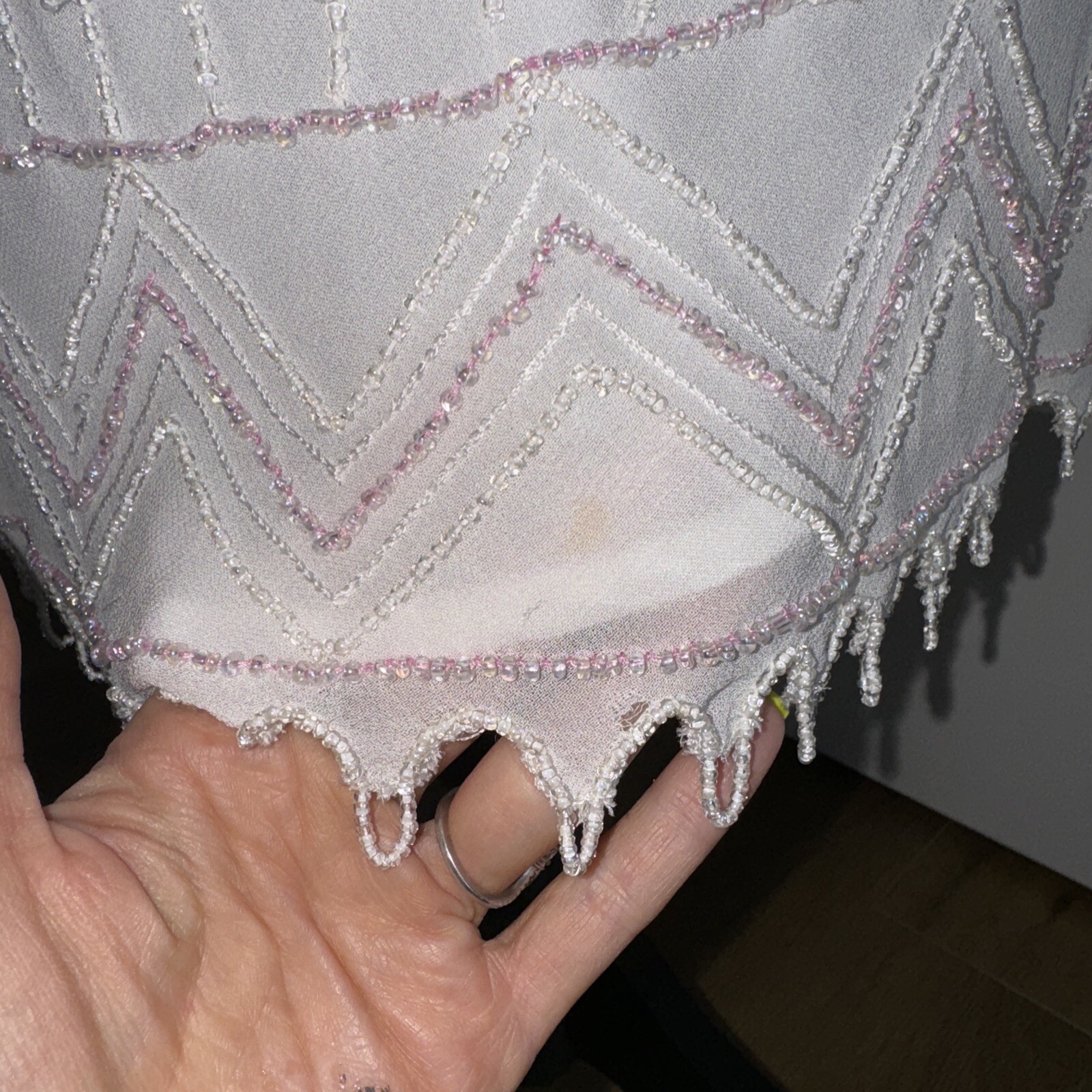 Vintage White Papillon Dress Beaded Fairycore Pink Flapper Rayon Wedding Y2K Sm