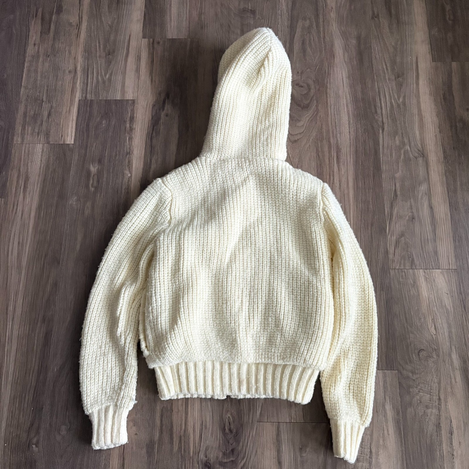 Vintage 1970s Cable Knit Zip Up Hoodie Jacket Sherpa Lined Women’s Size S RARE
