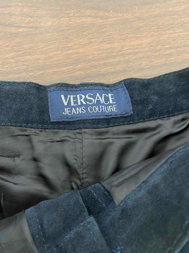 Vintage 1990s Versace Logo Jeans Couture Dark Blue Suede Mini Skirt Size 30/44