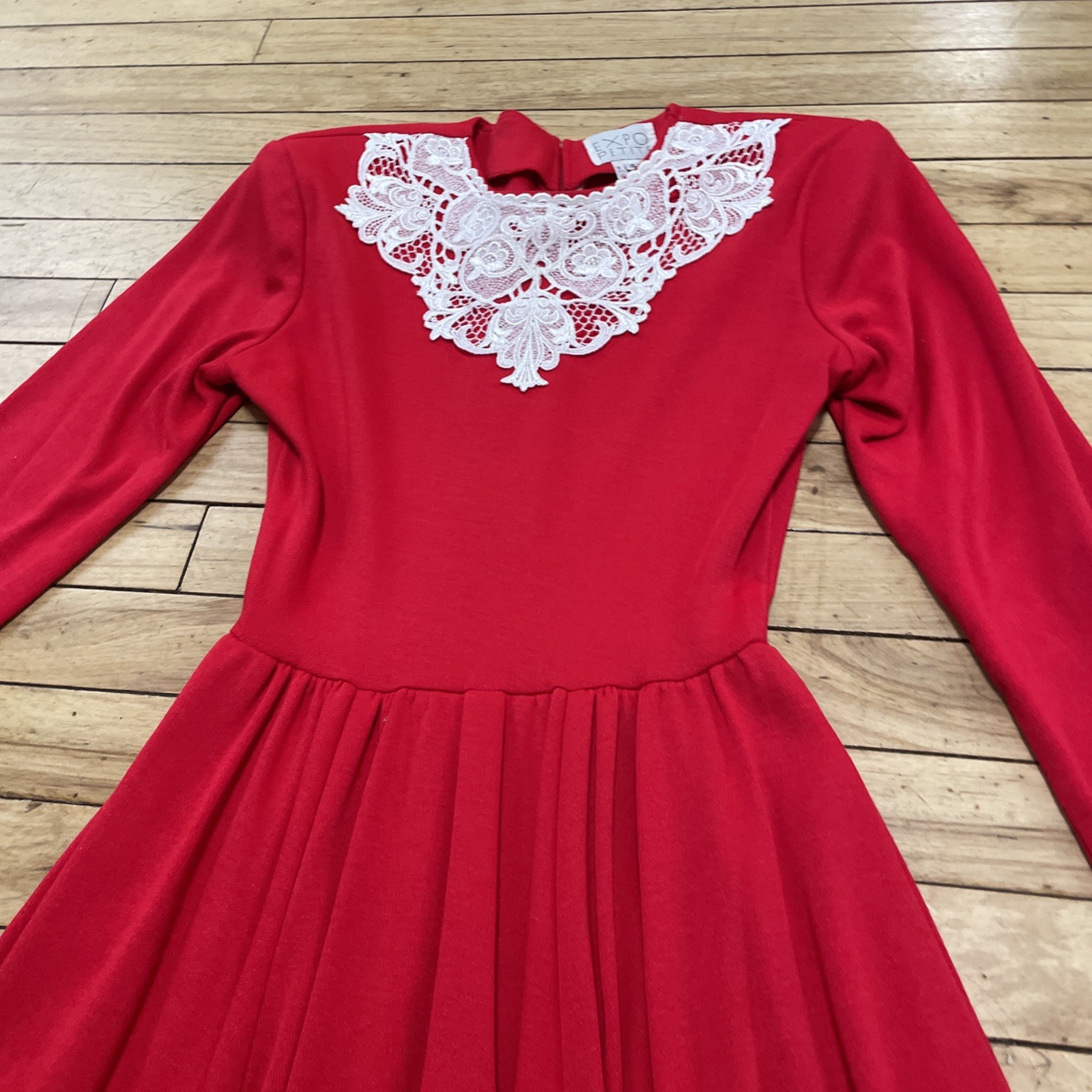 Expo Petite Vintage 1980’s Lace Trim Red Praire Dress Women 4 Wool Zip Made USA
