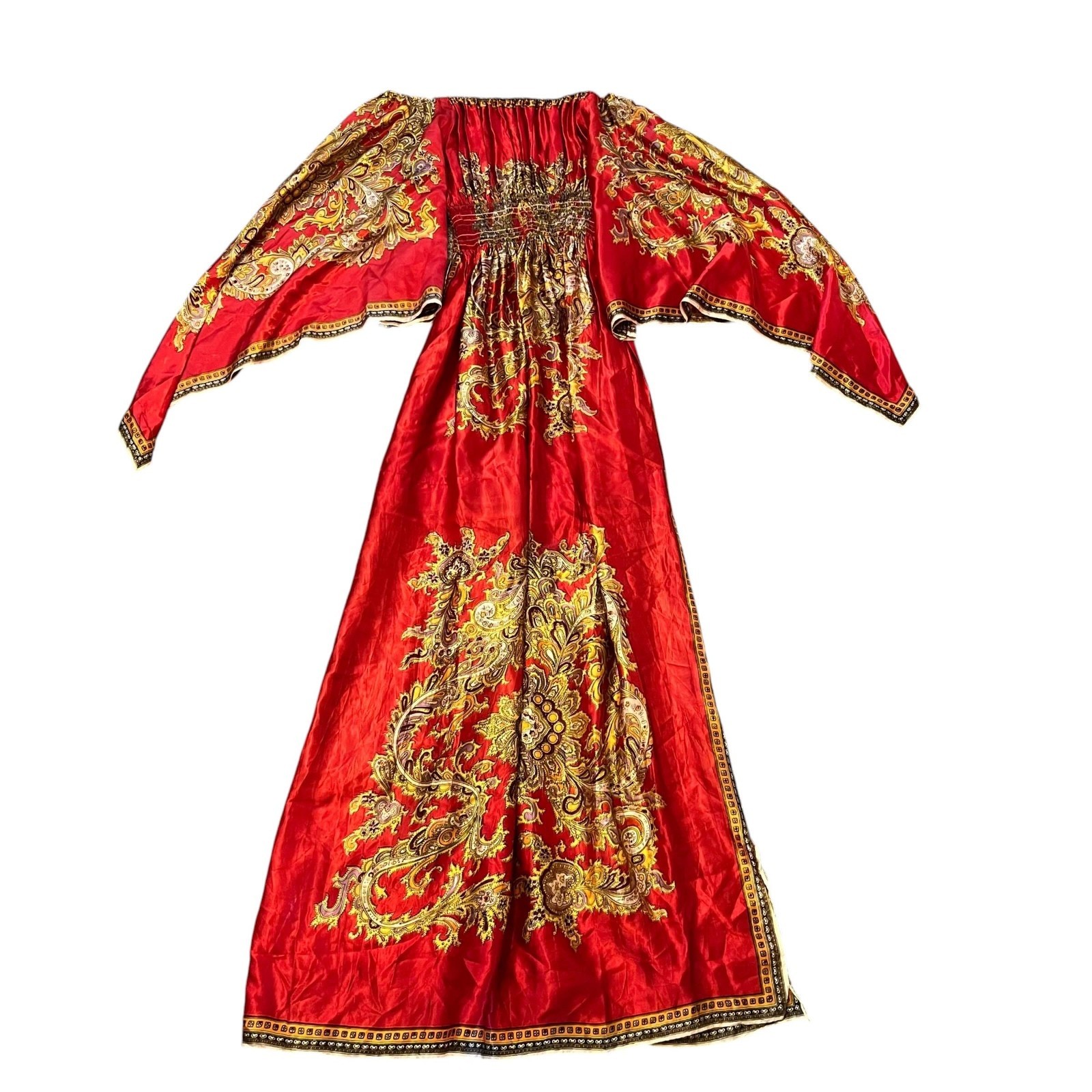 Vintage 1970s Red Kaftan Maxi Dress Asian Paisley Bell Sleeve Boho Pre-Owned