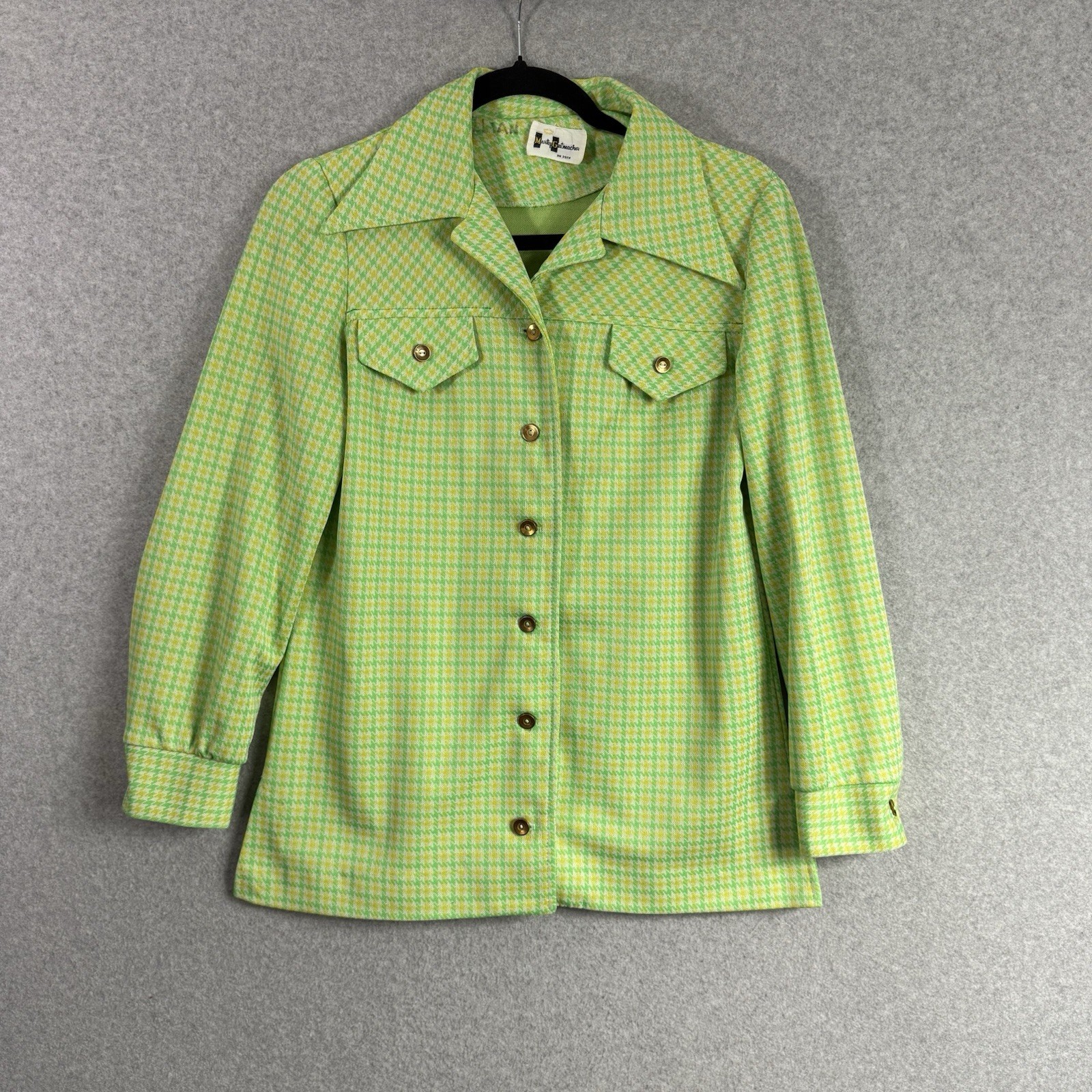 vintage 70s marty gutmacher jacket womens XS green yellow button front