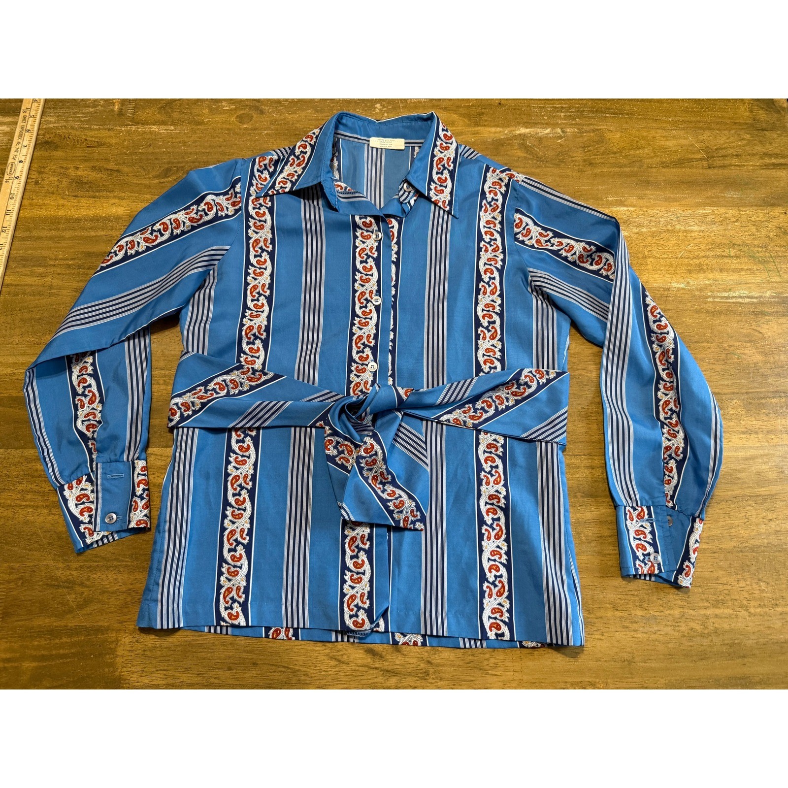 Terry Chicago Blouse Womens Medium Blue Adult Paisley Stripe Belted Excellent