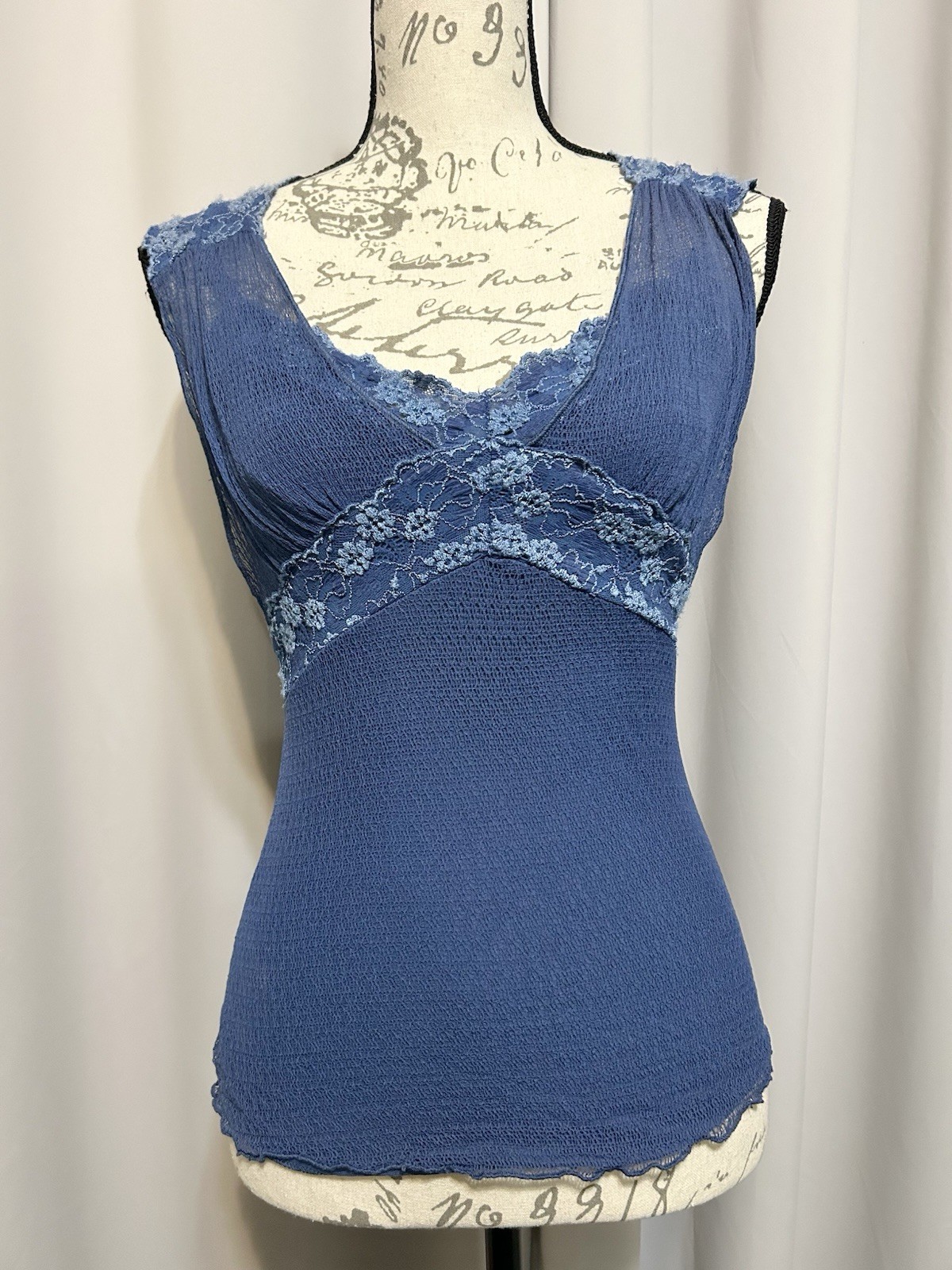 Ann Ferriday Vintage Blue Lace Trimmed Mesh Fairy Grunge Cami Top One Size