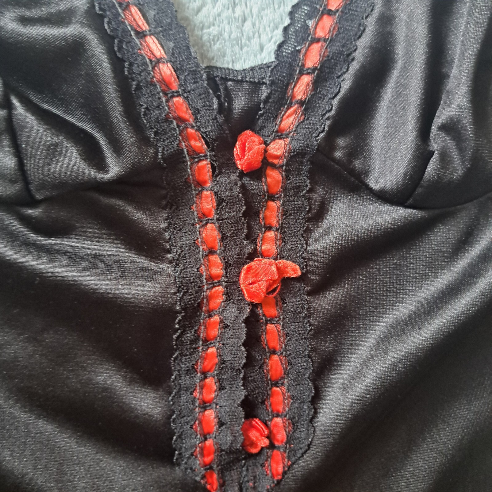 Vtg. 1960’s Dupont Nylon Black /Lace Red Rosette Teddy Sm