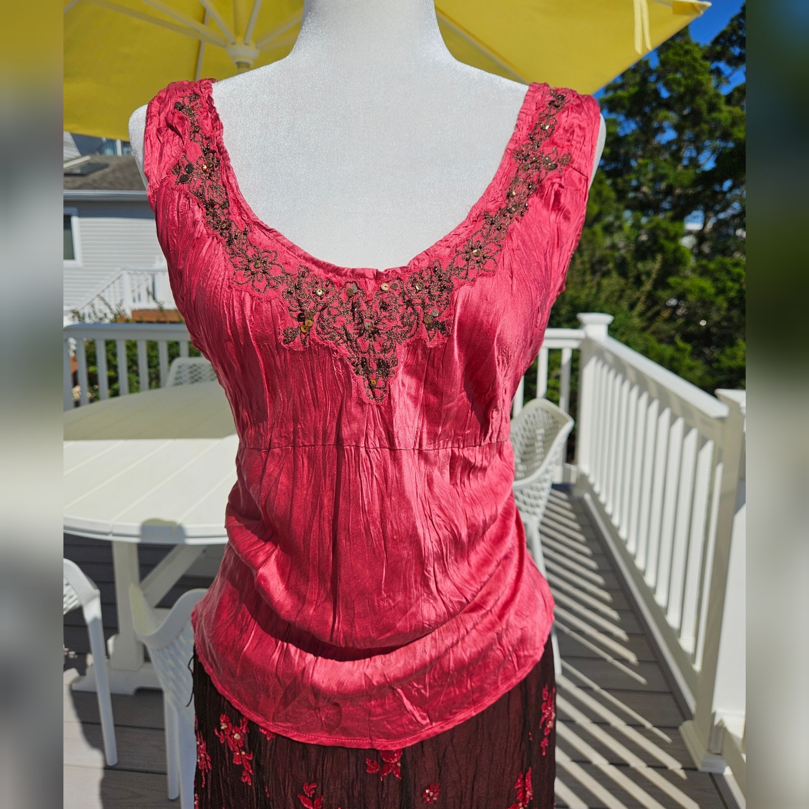 VTG Y2K Monsoon 100% Silk Embellished Rhinestone Bias Cut Cami Top And Skirt Set